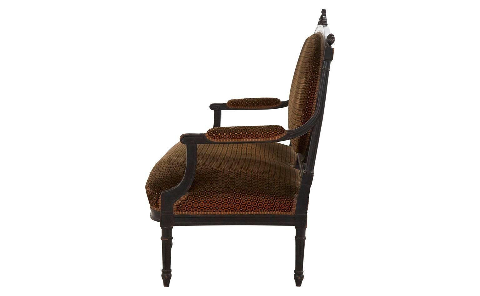 Original brown velvet
Hand-painted ebony wood frame
20th century
France

Dimensions:
overall: 27'W x 63'D x 44'H 
seat height: 16'H
arm height: 25'H