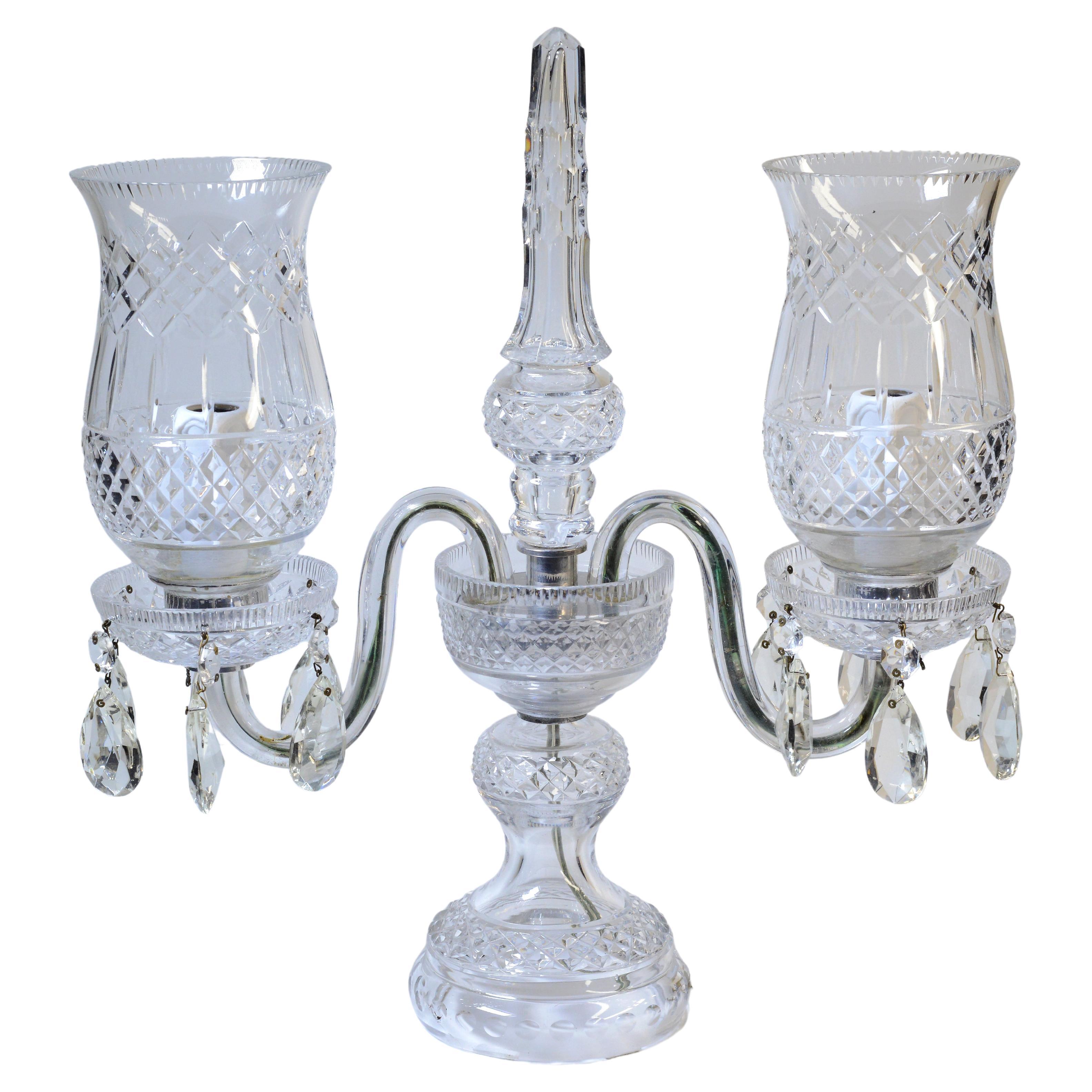 Vintage Crystal Candelabra Double Hurricane Lamp Baccarat style 20th century For Sale