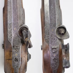 19C Neo Rococo Dueling Pistols Pair Carved Wood Engraved Steel Liege Case