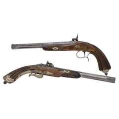 19C Neo Rococo Dueling Pistols Pair Carved Wood Engraved Steel Liege Case