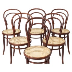 Set of 6 Vintage Austrian Bentwood Dining Chairs, Beech & Rattan Seat 1950s