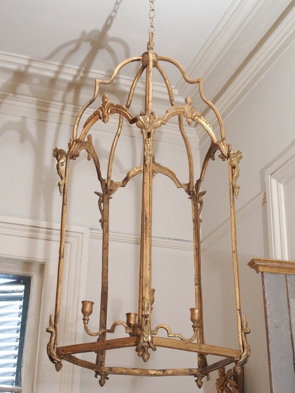 Pair of 19th century  gilt iron lanterns from Italy  with a four lights cluster. Not wired yet but can easily be. There is no glass.