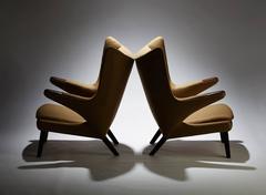 Handsome Pair of Hans Wegner Papa Bear Chairs and Ottoman