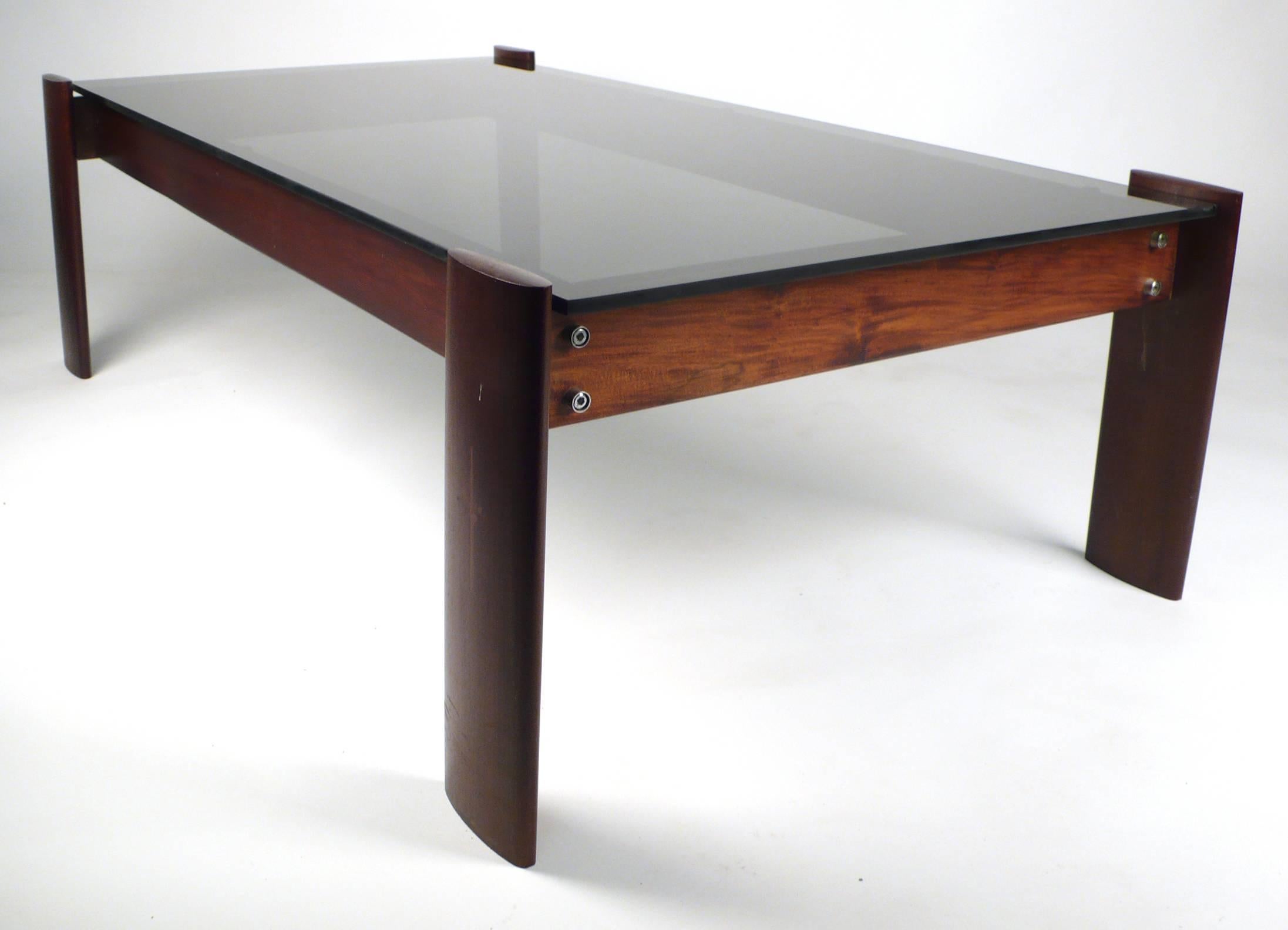 Percival Lafer coffee table in Jacaranda rosewood with original smoked glass top.