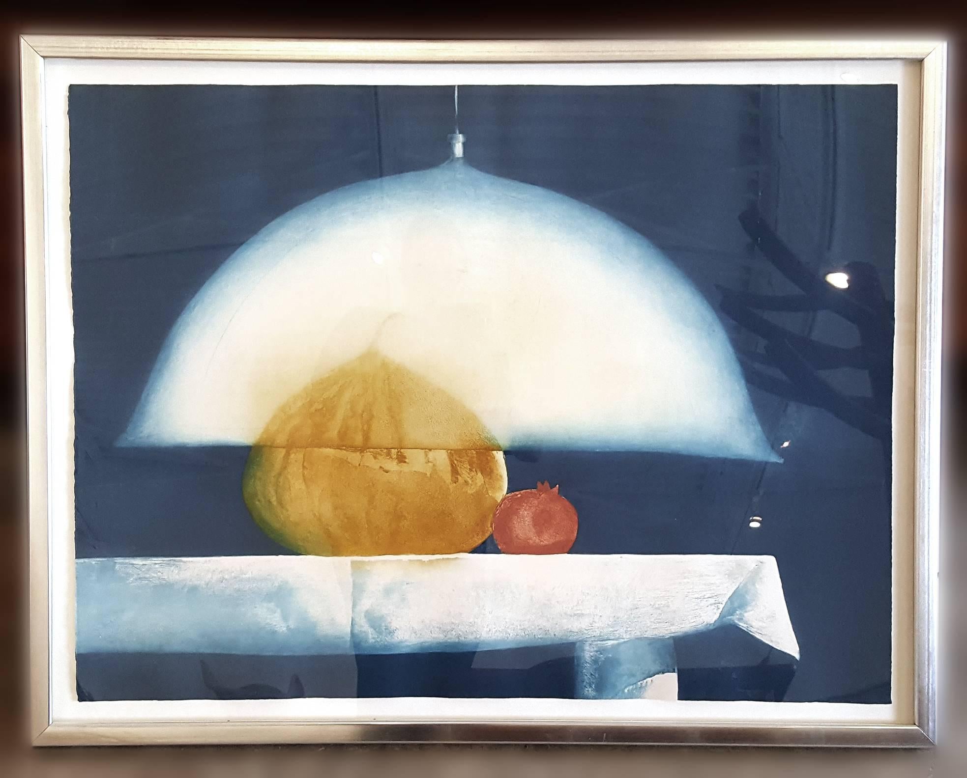 Limited edition still life aquatint by Cuban artist Julio Larraz.
Entitled 'The Protector'.
Original silver leaf frame. 
Measures: 39 W x 29.5 H (image).