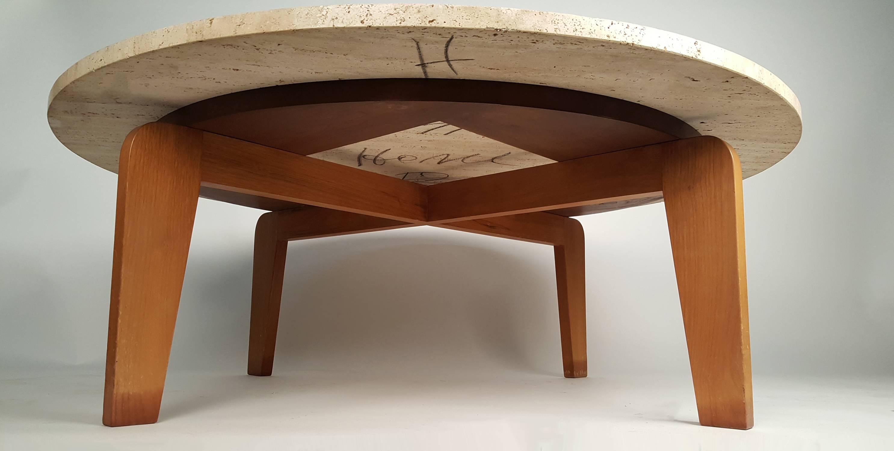 Custom 1960s Travertine coffee table in the style of Jean Prouve. Solid wood architectural frame.