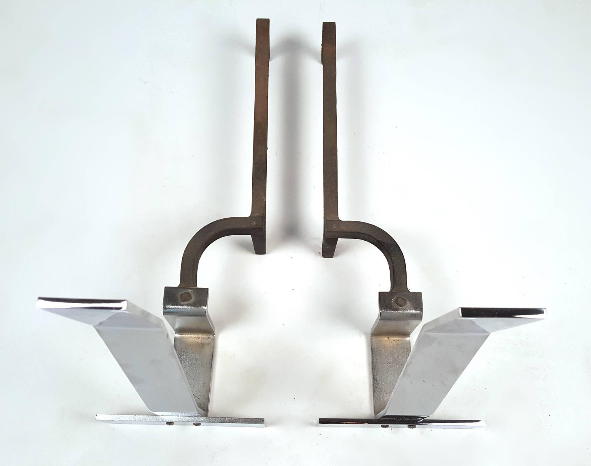 Mid-20th Century Minimalist Flat Bar Steel Andirons