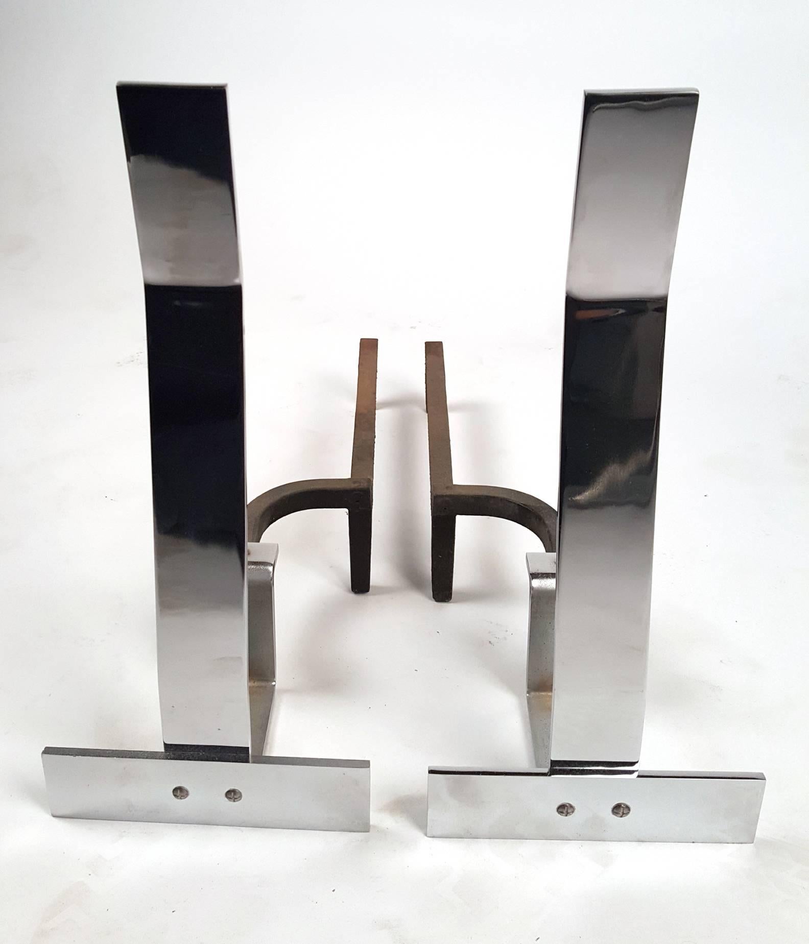 1960s Minimalist chrome steel andirons.
