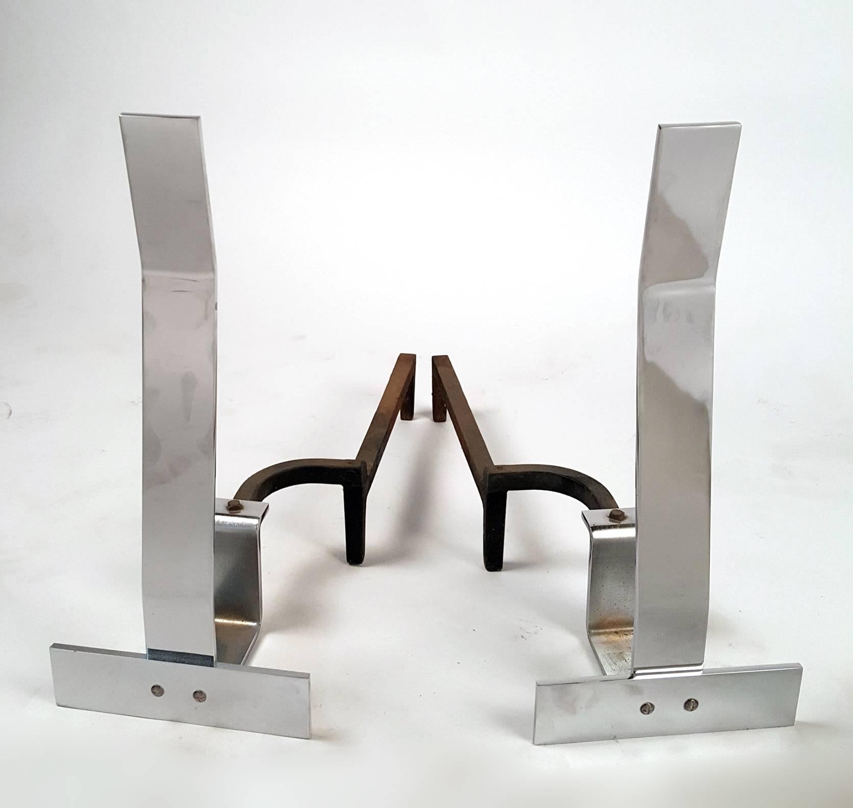 Mid-Century Modern Minimalist Flat Bar Steel Andirons