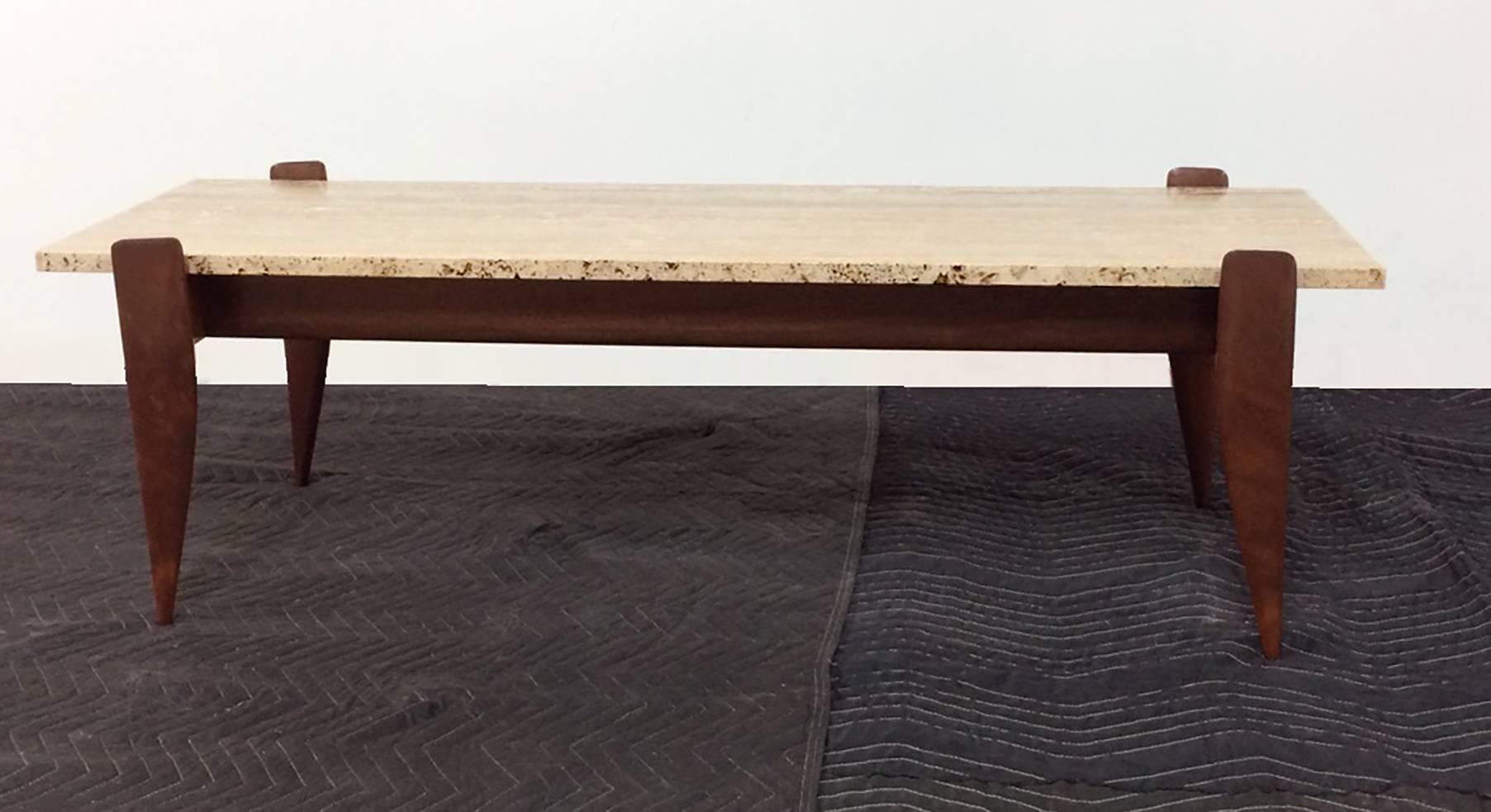 Italian Gio Ponti for M. Singer & Sons Walnut and Travertine Coffee Table