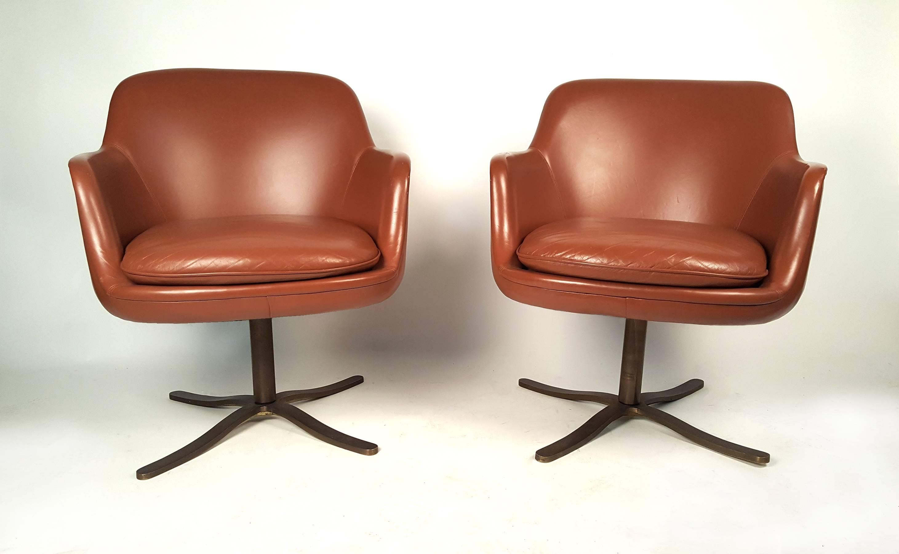 Mid-Century Modern Set of Four Leather Nicos Zographos Dining Chairs with Oil Rubbed Bronze Bases