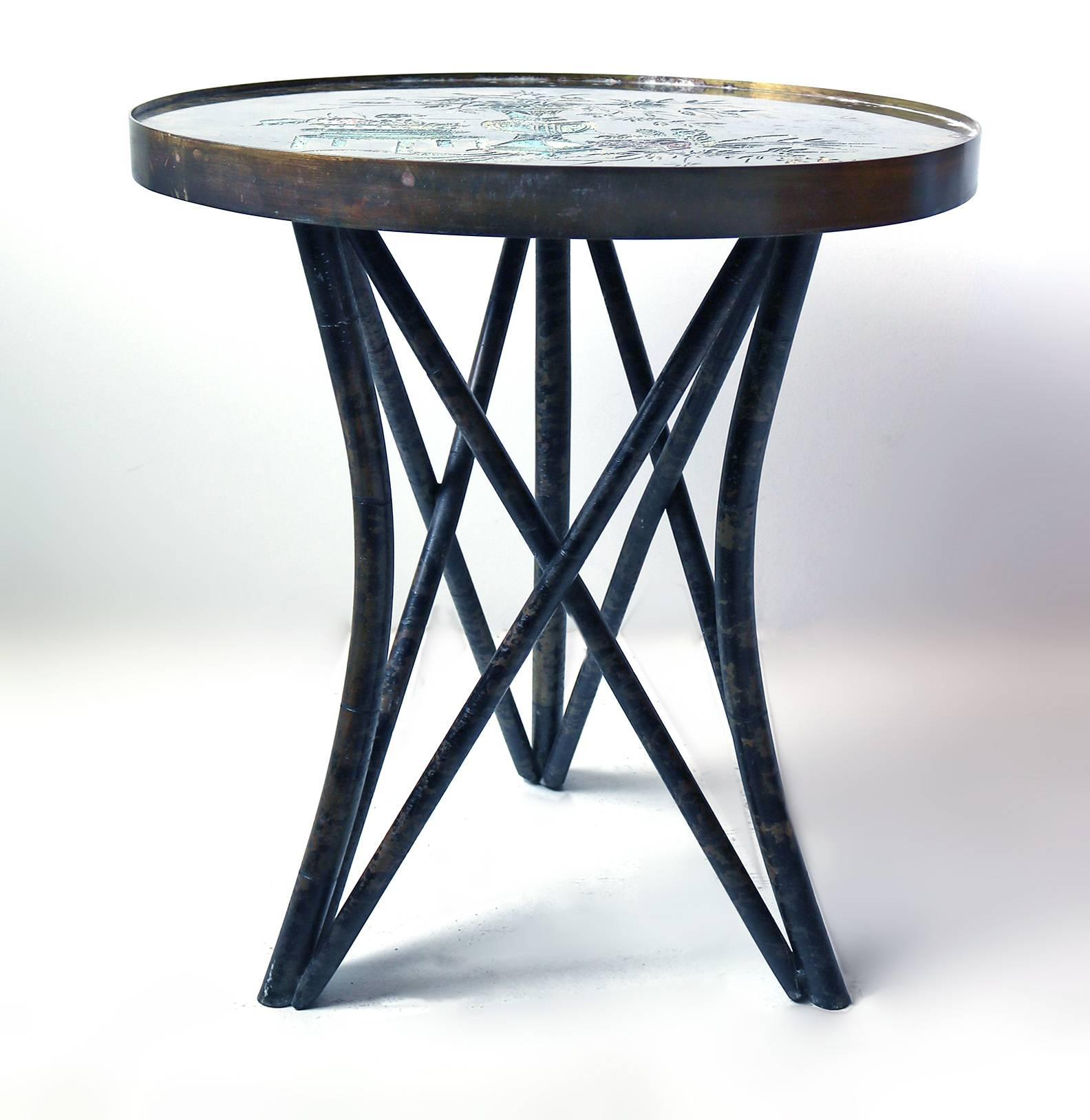 Unusual Philip and Kelvin LaVerne circular side table with a colorful still-life motif. Acid-etched bronze top with applied patina and hand-painted embellishments. Etched signature to top.