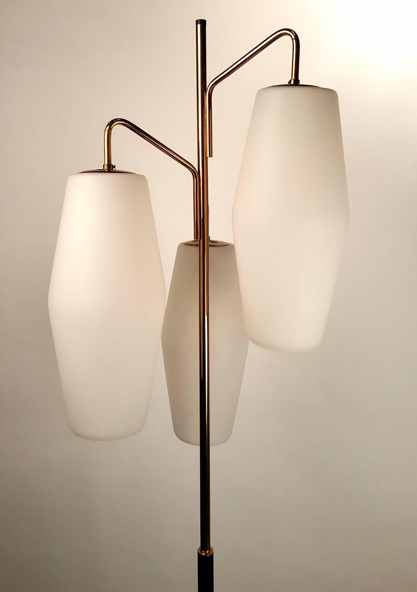 20th Century Italian Modernist Stilnovo Floor Lamp with Frosted Glass Shades and Marble Base