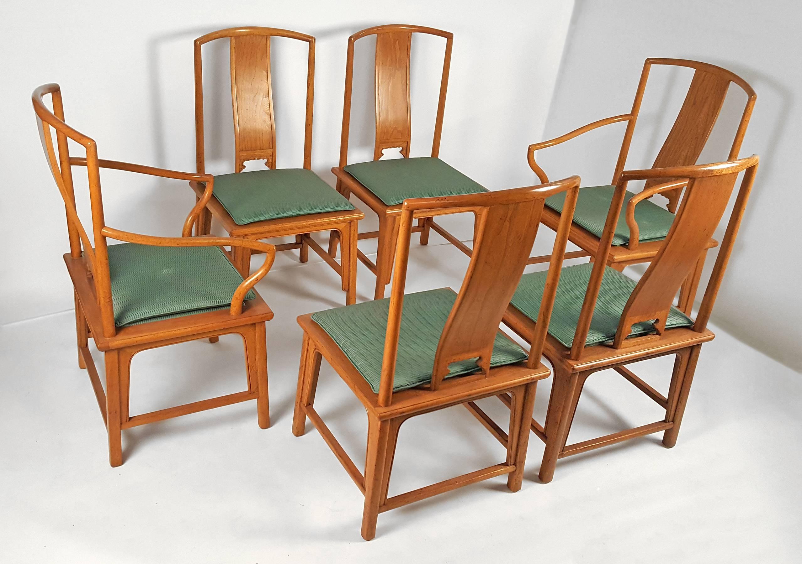 Gorgeous set of six vintage Baker Ming chairs. Very well constructed and very comfortable. All original. 

Baker dining side chairs 40.25” H x 21.5” W x 20” D
Baker dining arm chairs 40.5” H x 23” W x 20” D.