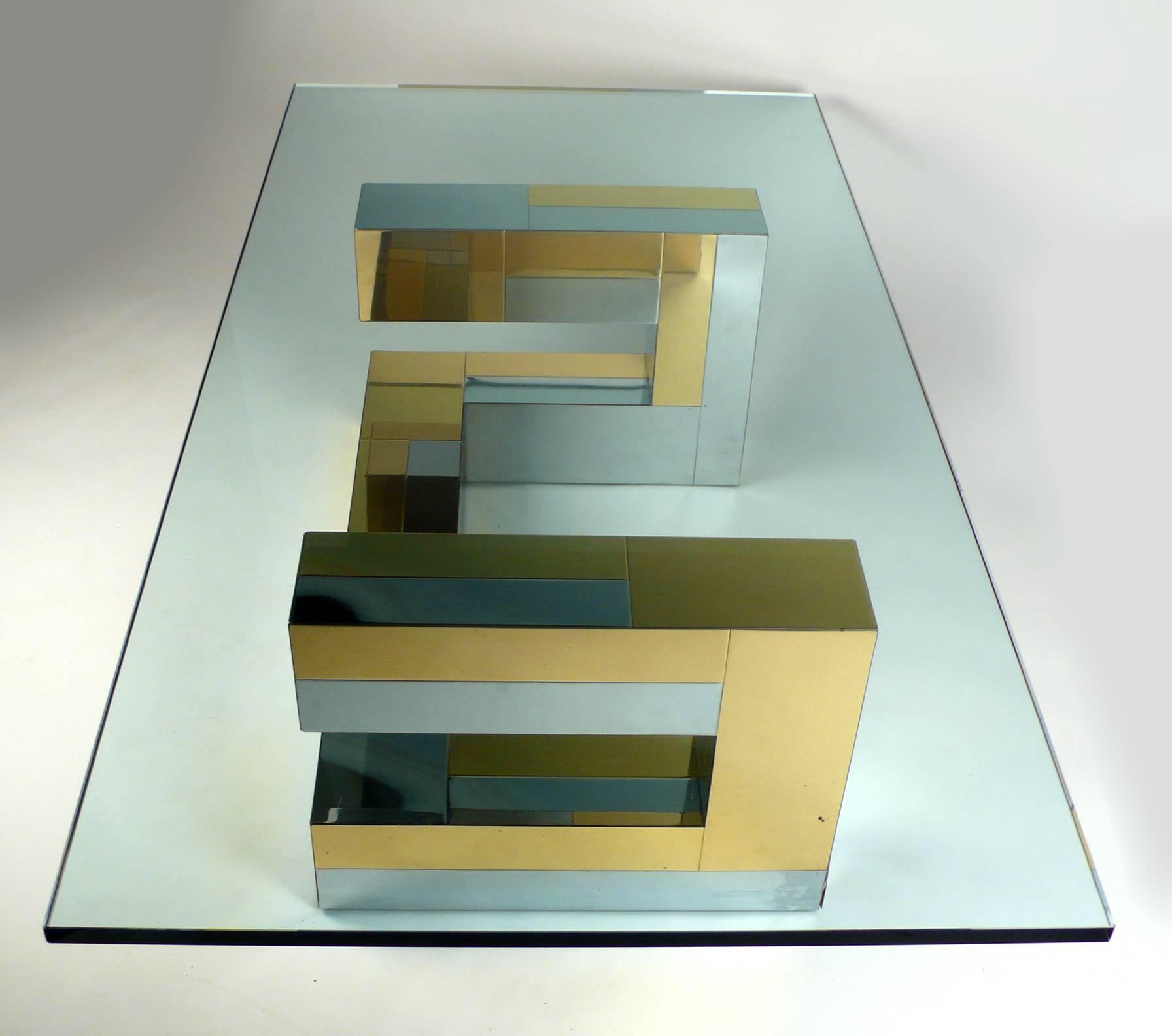 Iconic glass and brass coffee table designed by Paul Evans for Directional. 

Dimensions: base is 34