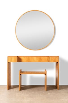 Coiffeuse Art déco Donald Deskey avec tabouret et miroir, en avodé de beau grain, années 1940