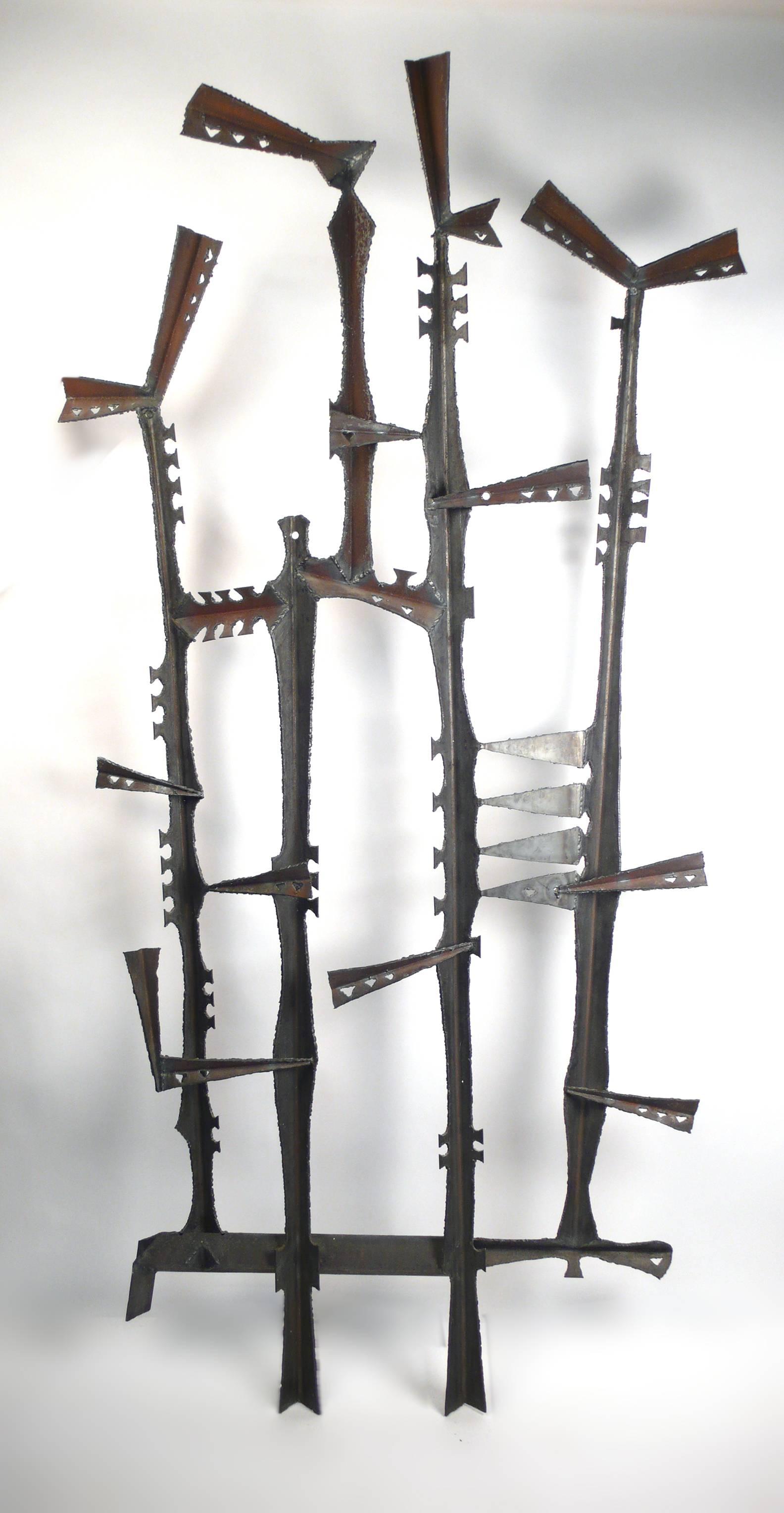 Incredible Brutalist torch-cut wall mountable sculpture by artist Gene Montez Flores. Designed to hang as shown. Produced during in the early 1960s in his California studio. Has never been displayed outdoors.