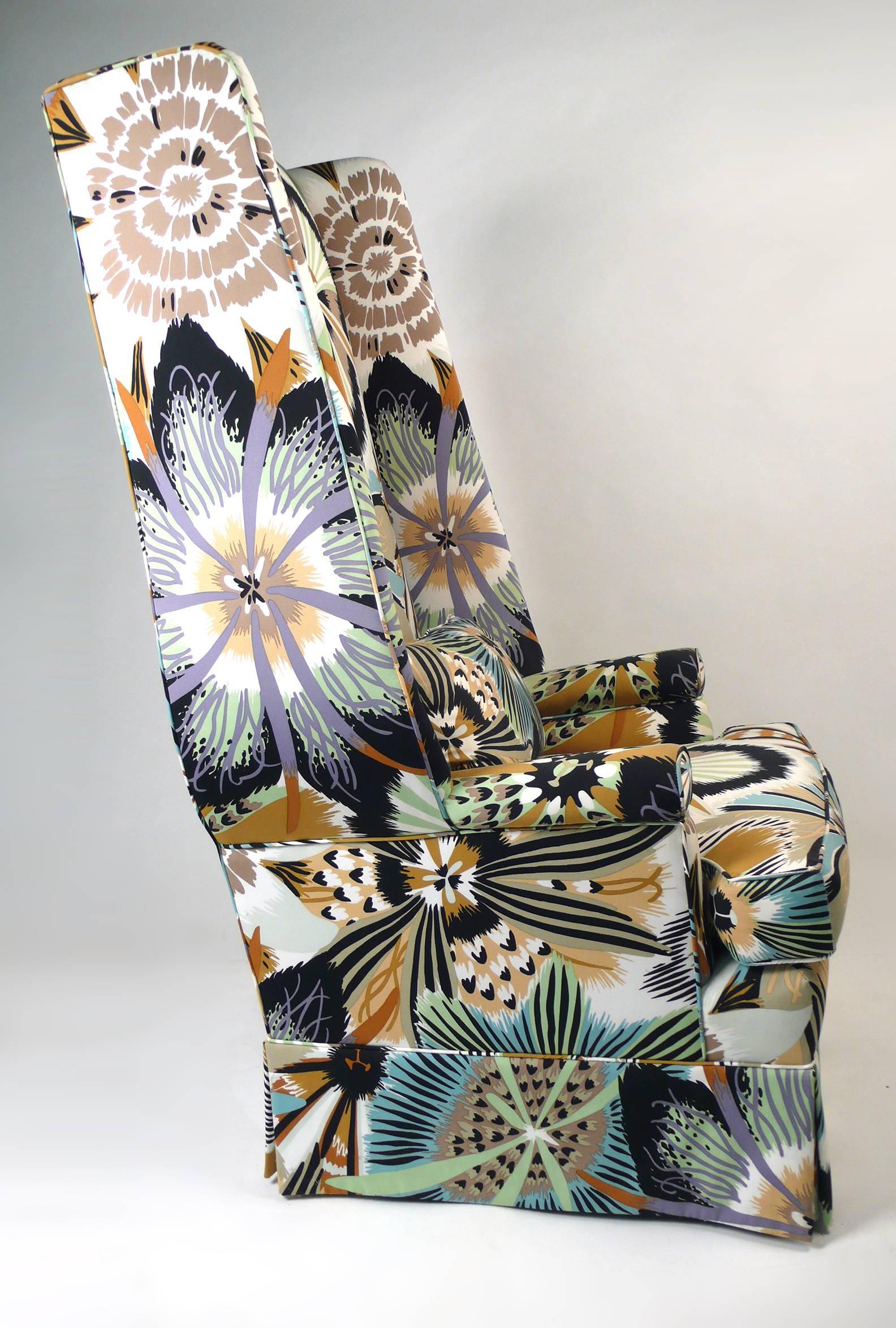 Decadent 1960s wingback chair upholstered in a contemporary Missoni textile. Very comfortable and oddly cool.