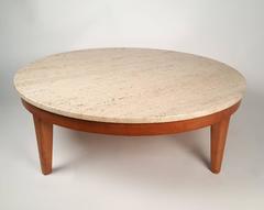 1960s Round Travertine & Mahogany Coffee Table