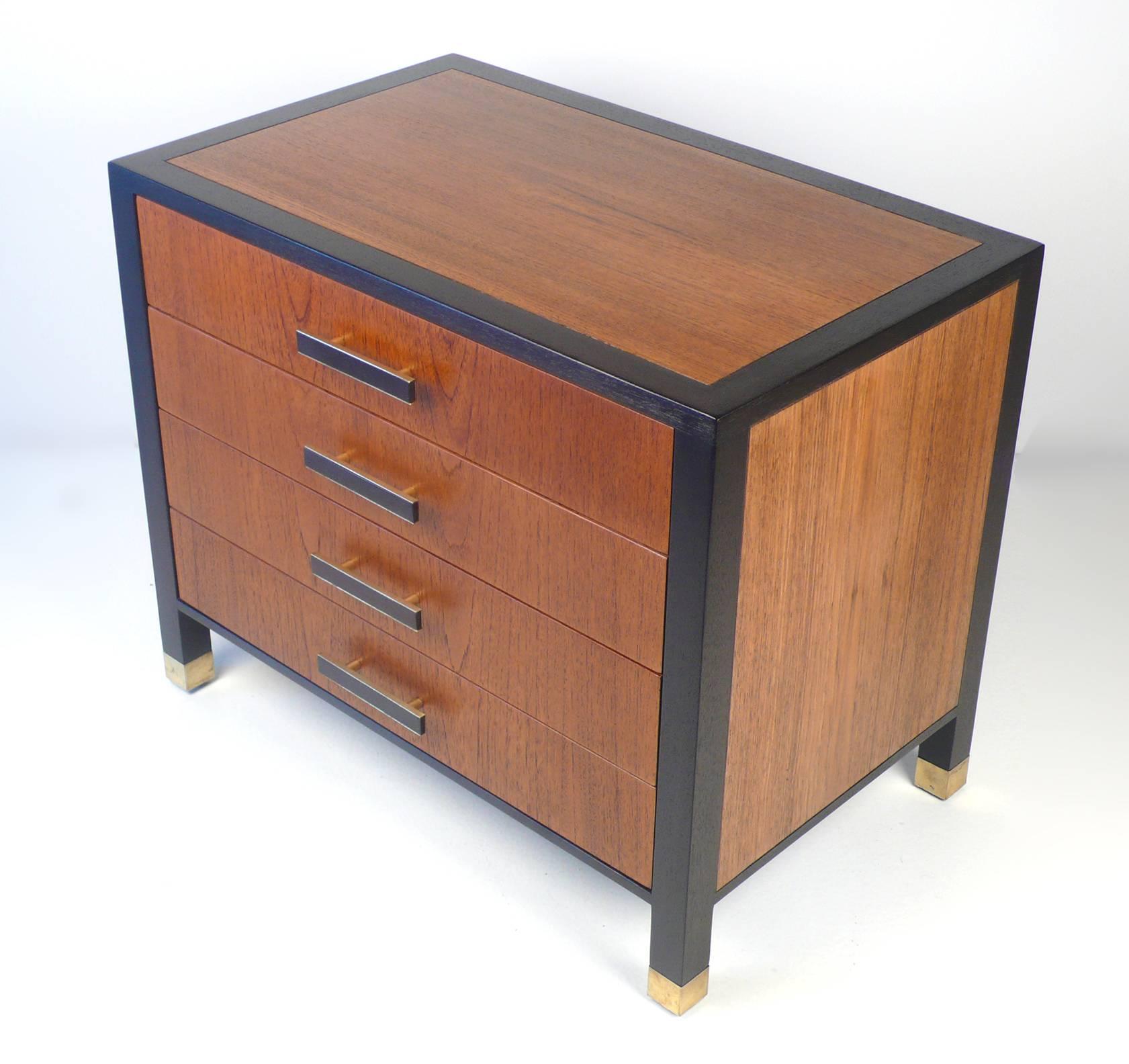 This is a beautiful miniature cabinet by Harvey Probber. It would serve perfectly as a nightstand or an end table. The chest consists of a solid mahogany frame finished in espresso lacquer with four teak drawers and inset teak panels.