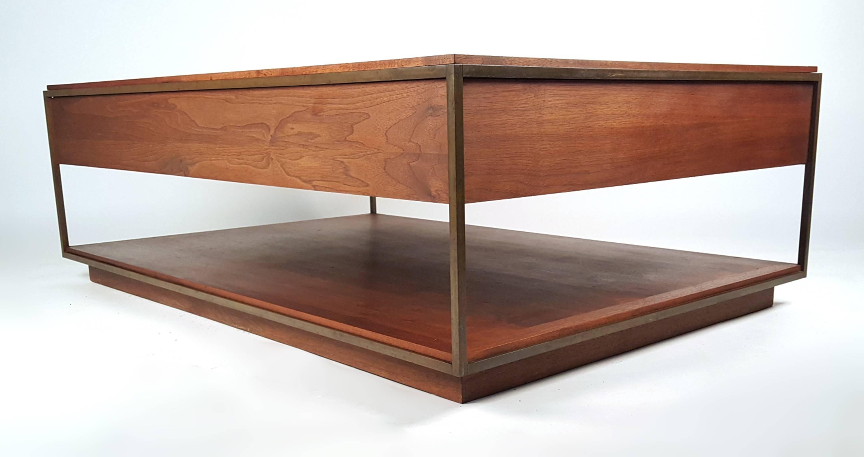 Mid-Century Modern Custom 1960s Architectural Bronze and Oiled Walnut Cocktail Table For Sale