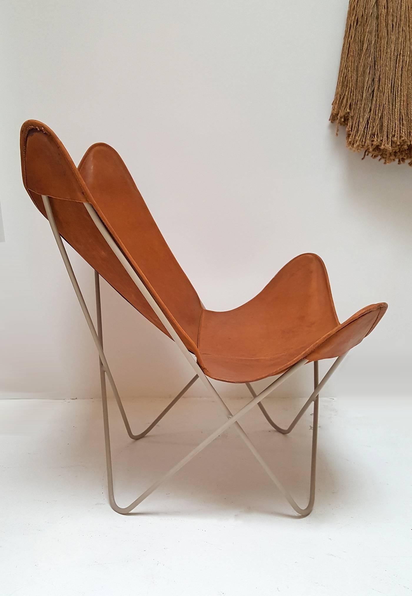 Mid-Century Modern Knoll Hardoy Butterfly Sling Chairs 1954 brown leather