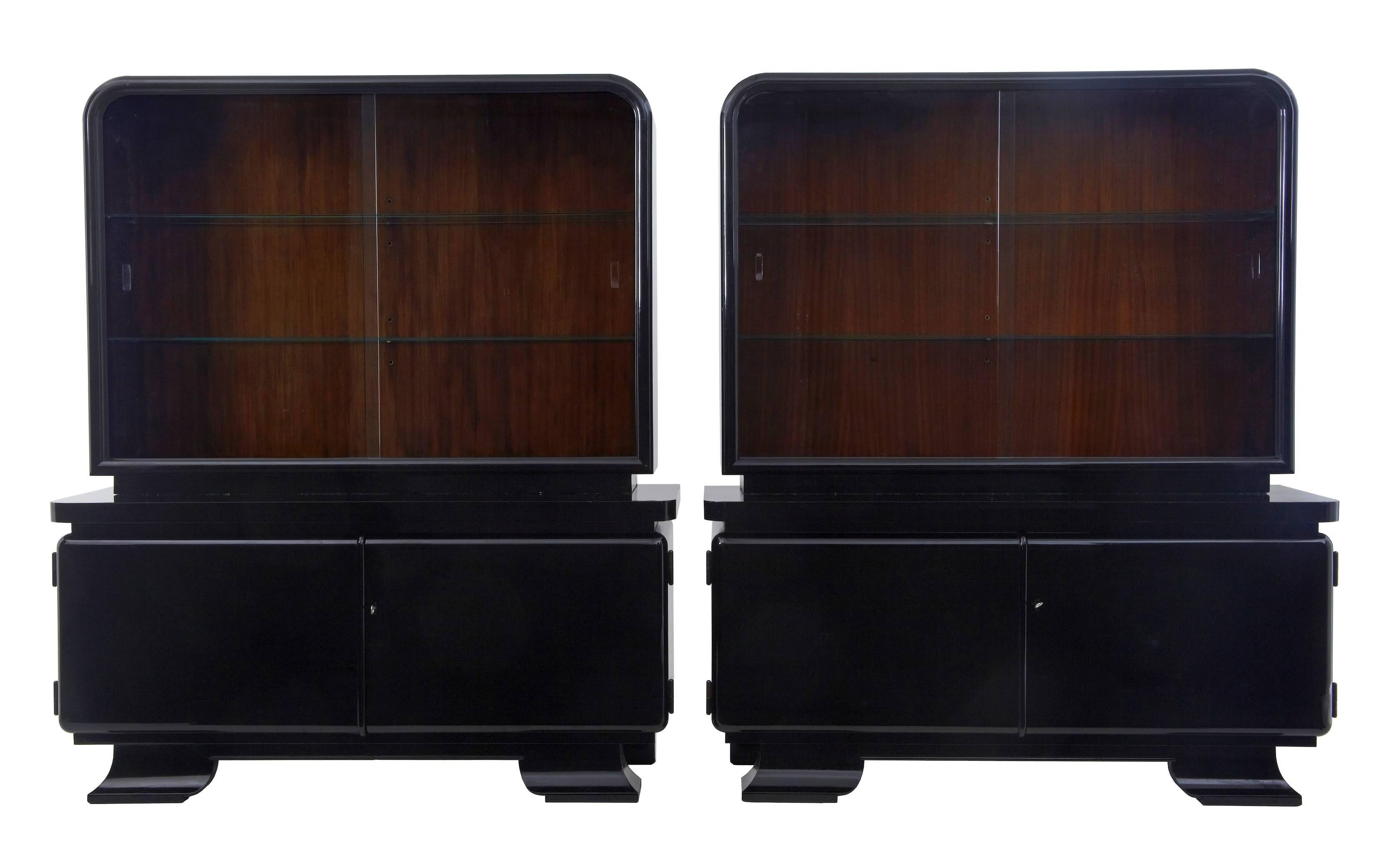 Stunning Pair of Art Deco Black Lacquered Cabinets