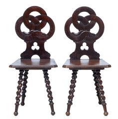 Antique Pair of 19th Century Norwegian Carved Oak Hall Chairs