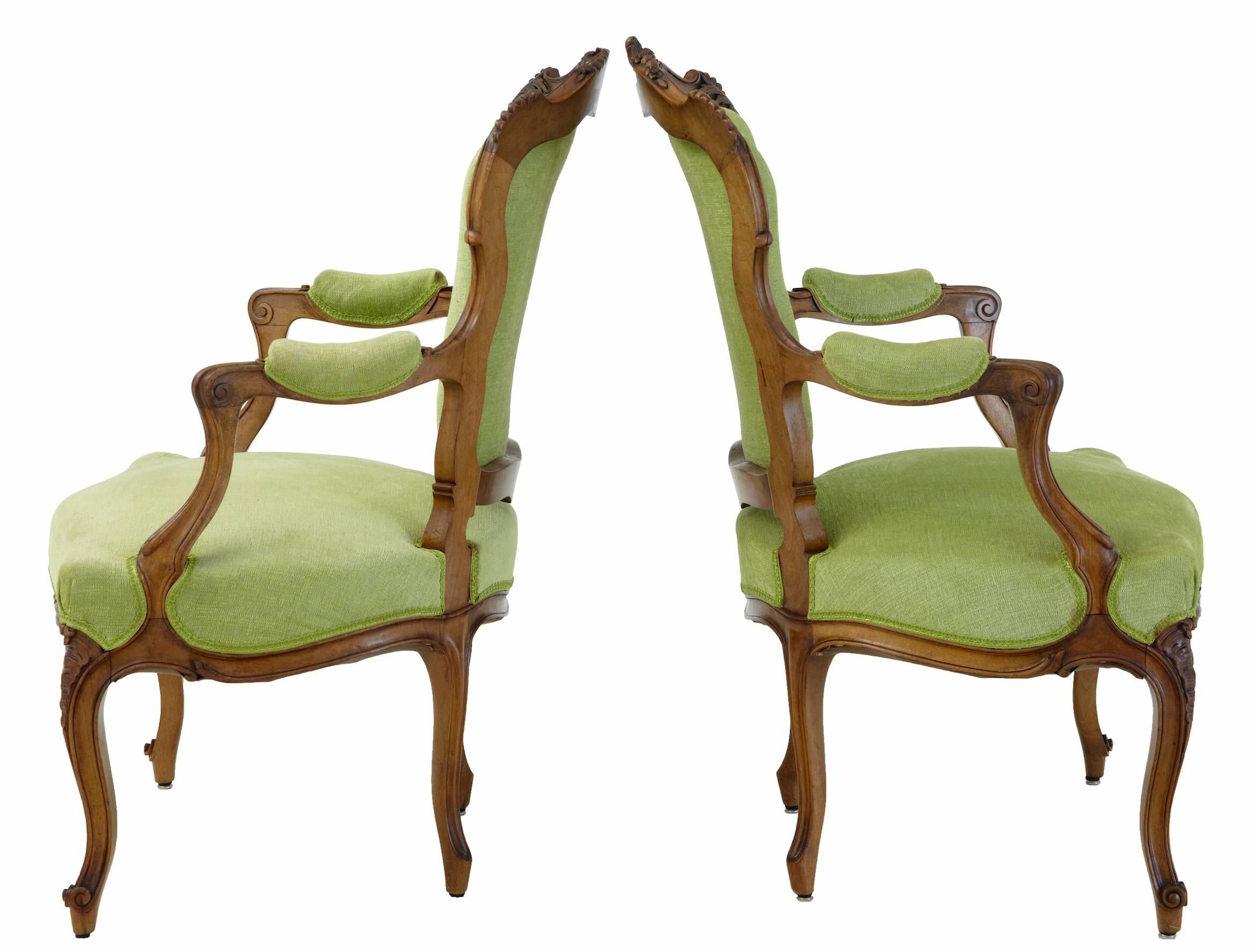 Fine pair of French armchairs, circa 1870.
Carved to the backrest, arm, legs and front frieze
Later covering which is in good order.
Minor losses to carving on feet, one carving loss to back rail (photographed)

Measures: Height 37 1/2