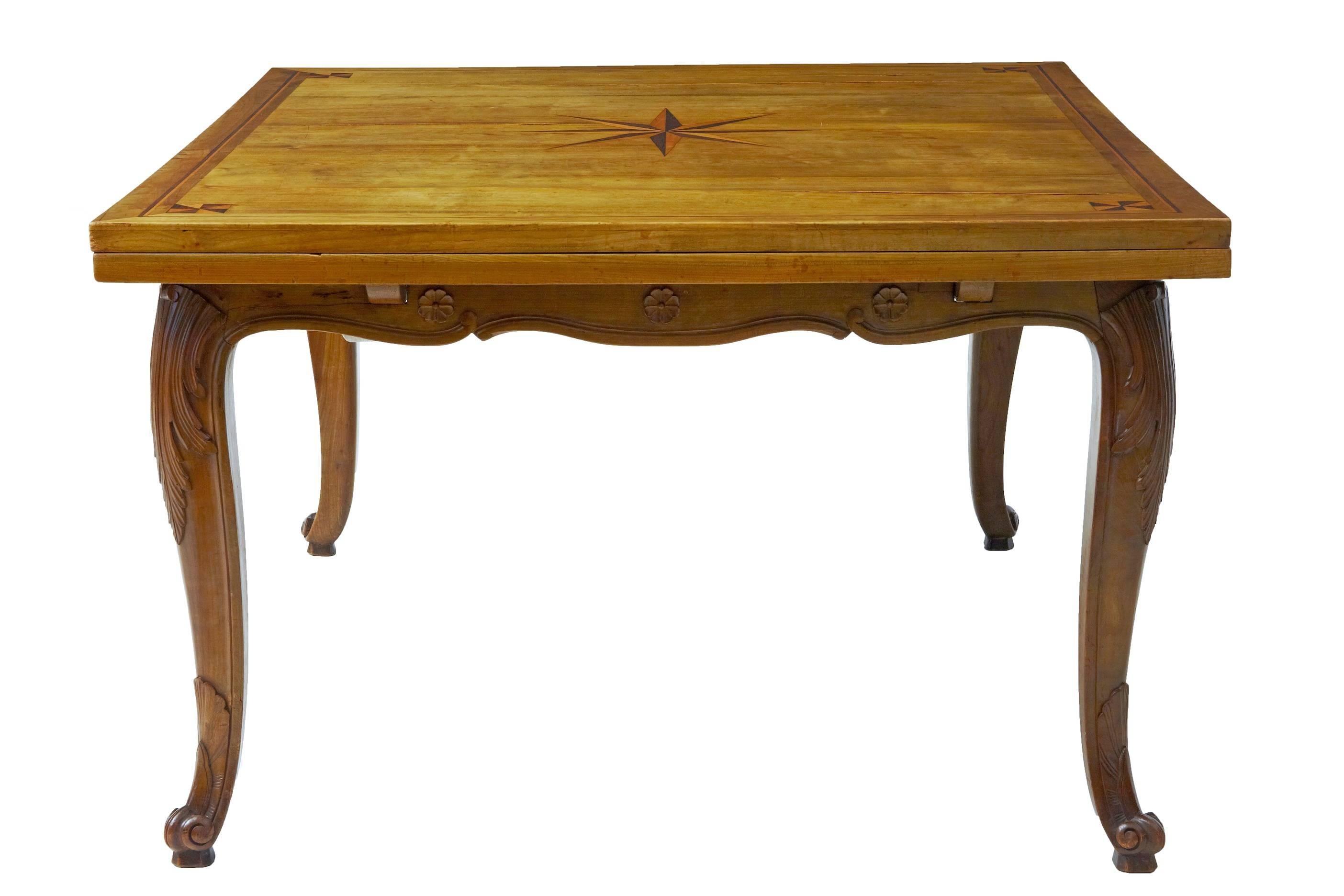 Country 19th Century French Inlaid Fruitwood Draw-Leaf Dining Table