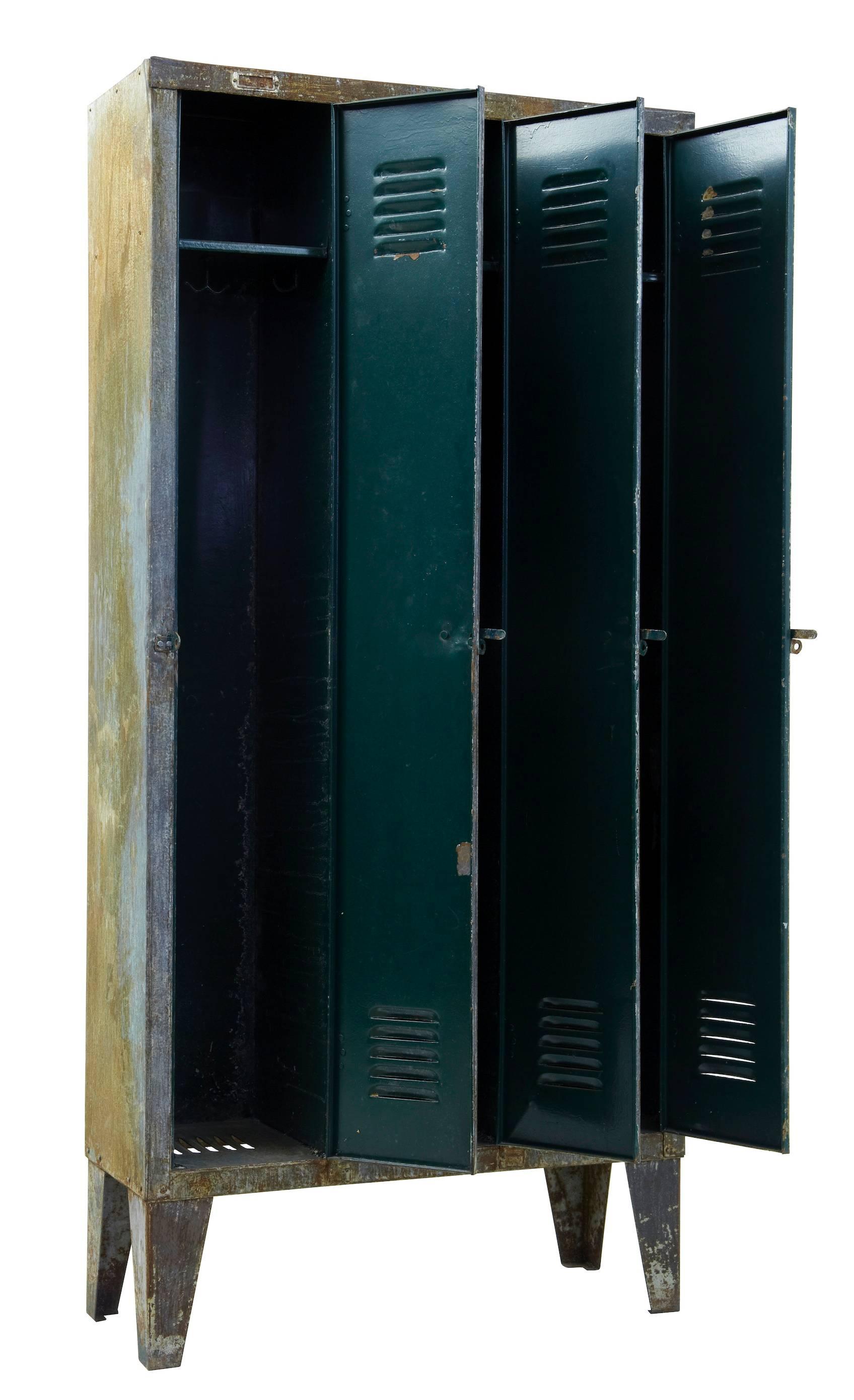 3 door 1960's locker room cabinet with distressed finish.
Please note we have 2 of these, you are bidding for 1.

Height: 78 3/4