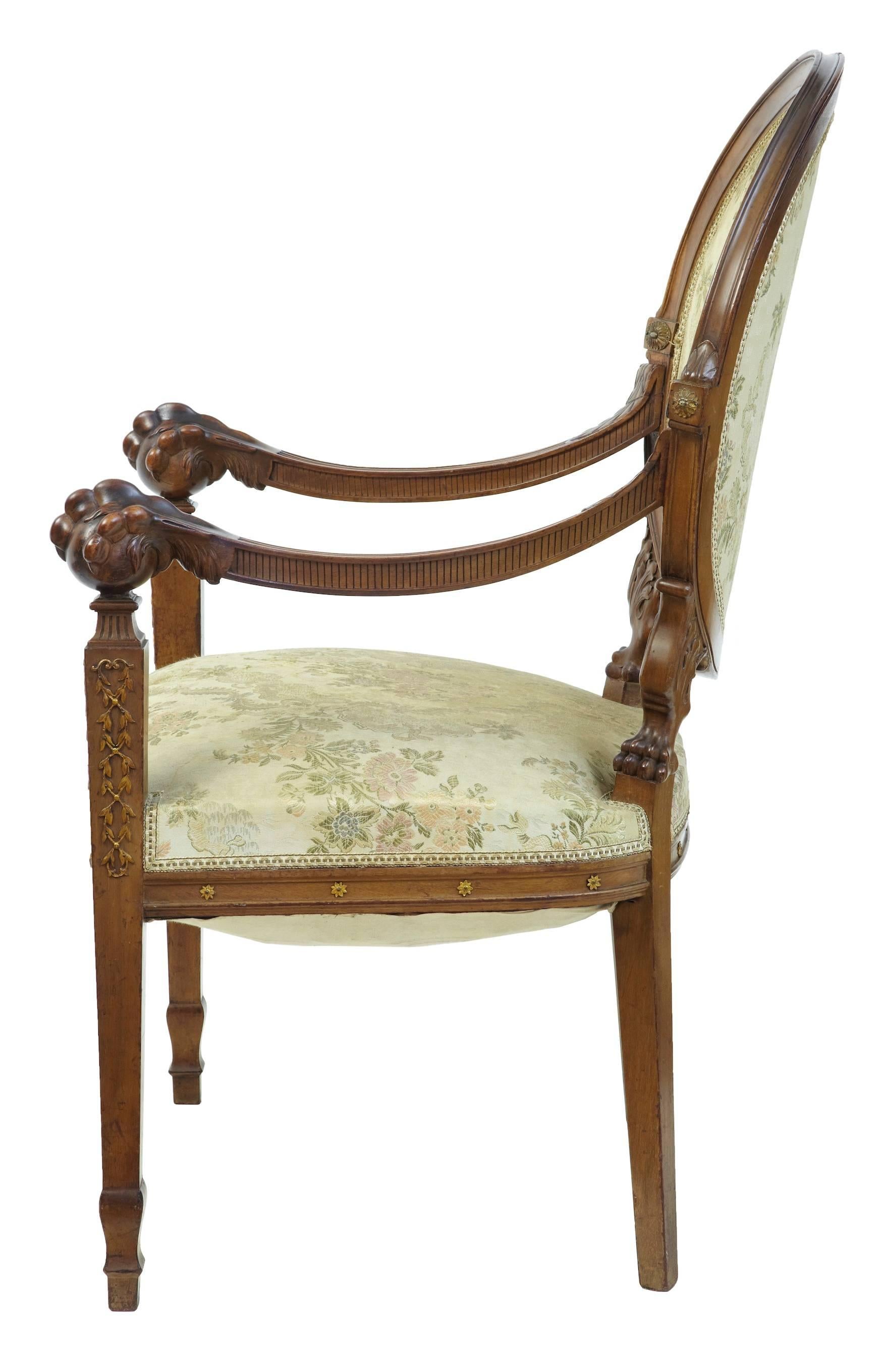 Good quality French armchair, circa 1870.
Beautifully carved ball and claw arms. Ormolu mounts to front legs.
Original upholstery in fair condition, some staining.
Small loss to back of head rest.

Measure: Height 39 3/4