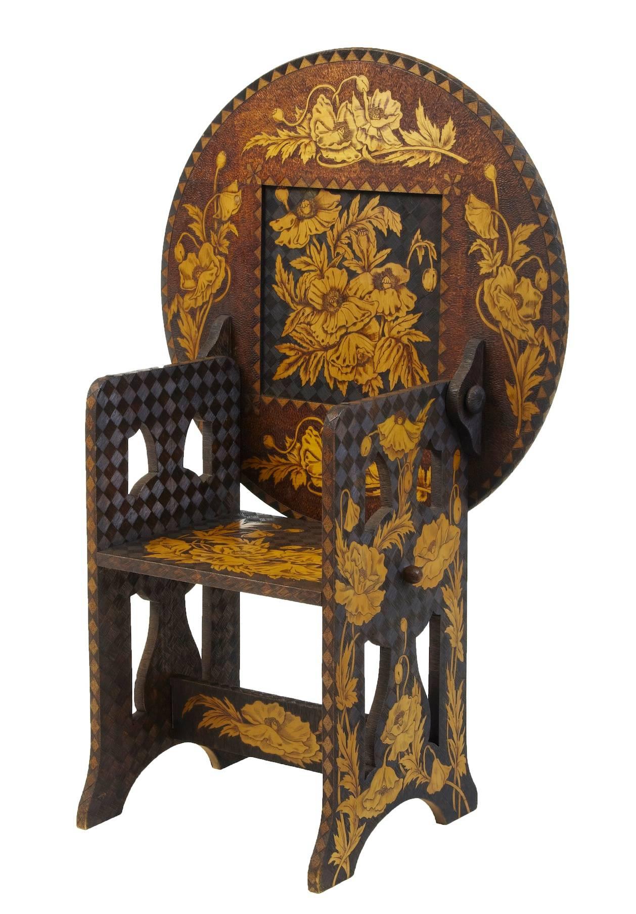 Early 20th century American, Arts & Crafts collection of Poker Work Furniture

Unusual collection of poker work furniture signed by maker martin Hokansen Boston mass USA.
Superb quality poker work from this maker, depicting lions, florals and