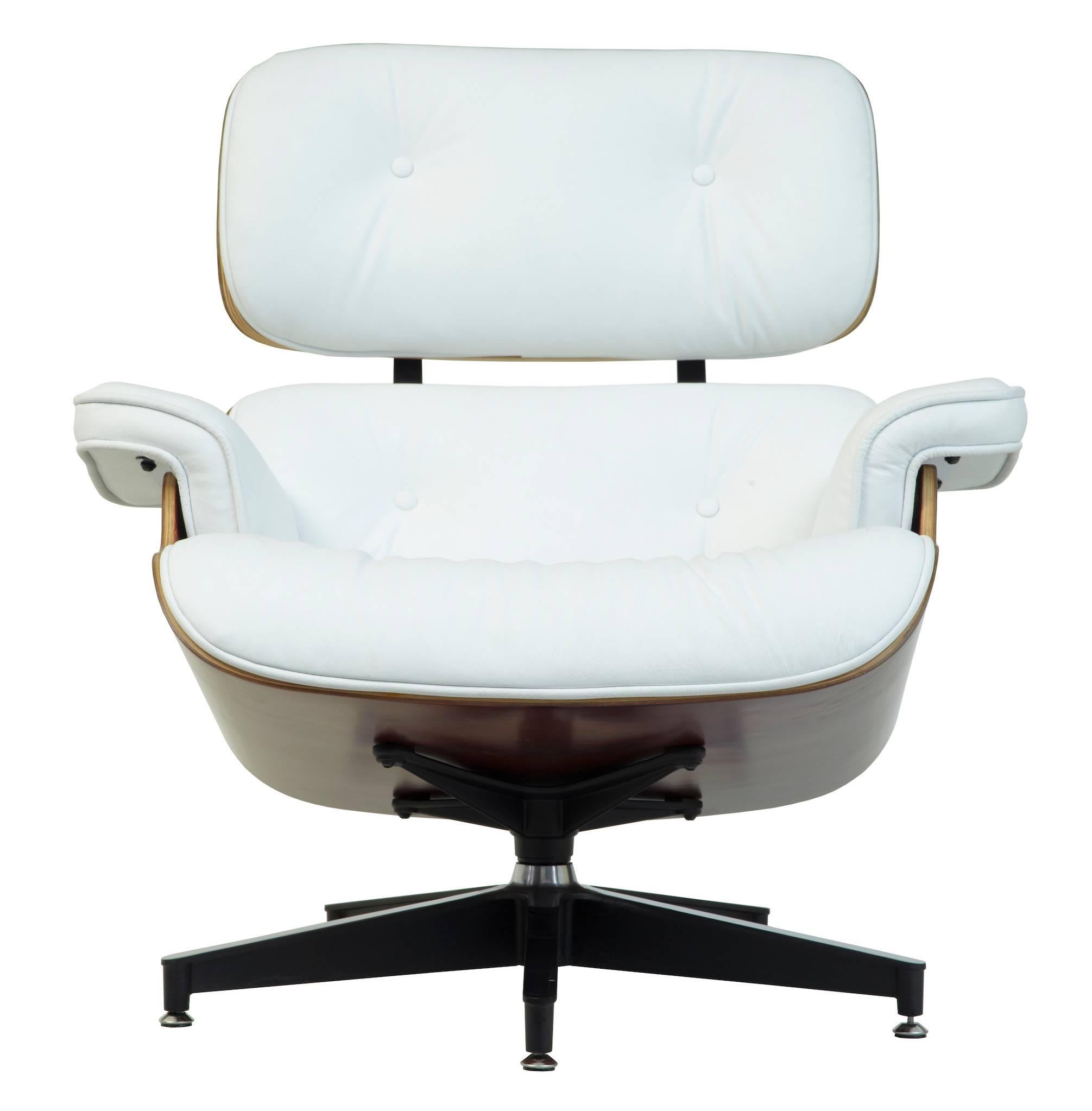 Reproductions of the popular eames design dating from 1956.
Made from moulded ply and comfortably upholstered in white leather.
Unlike most examples online, the chair and stool photographed is the pair you will be receiving.

Armchair