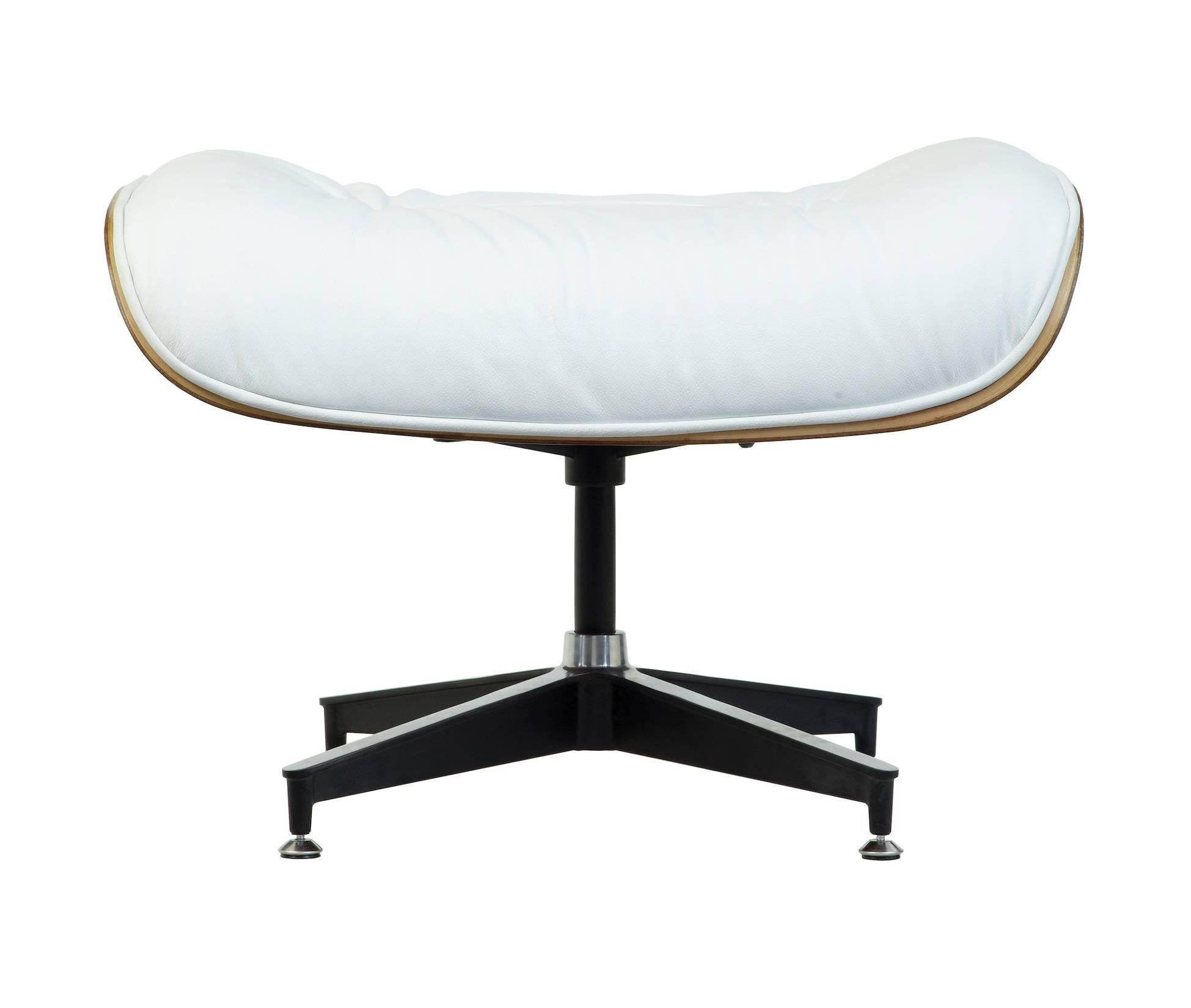 Swedish Eames White Leather Lounge Chair and Ottoman