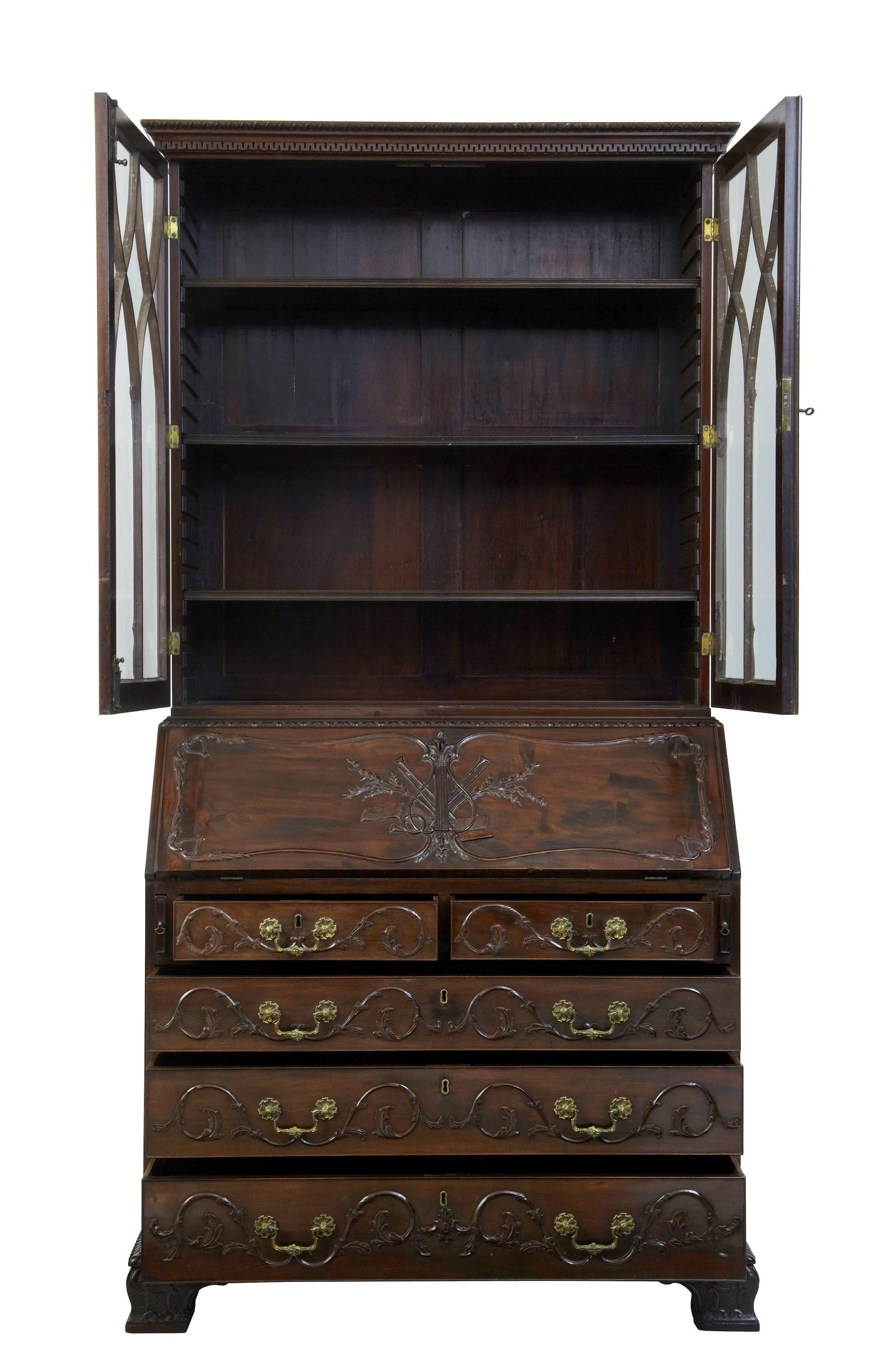 Georgian Early 19th Century Carved Mahogany Bureau Bookcase