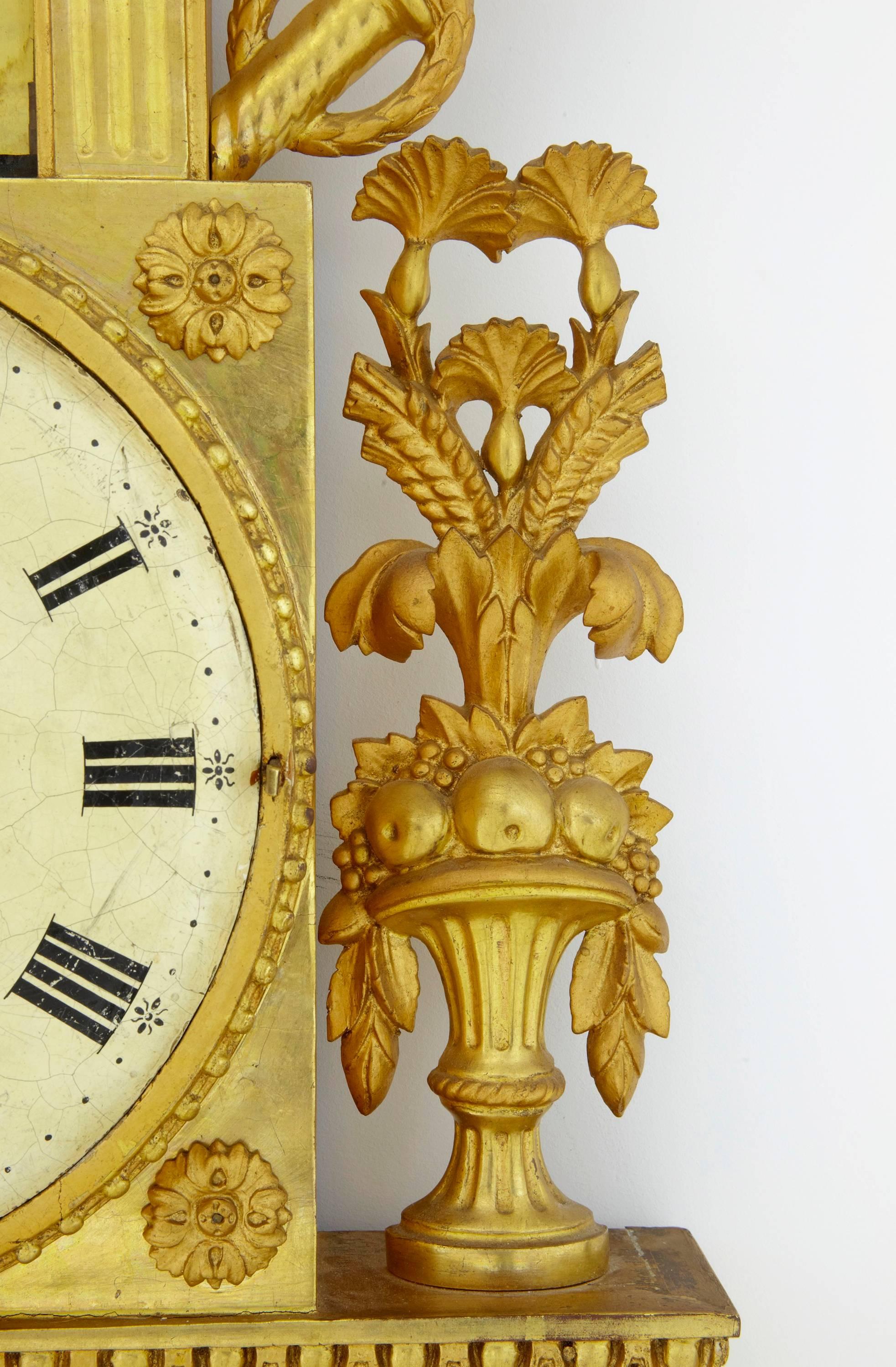 19th Century Swedish Gilt and Eglomise Ornate Wall Clock In Good Condition In Debenham, Suffolk