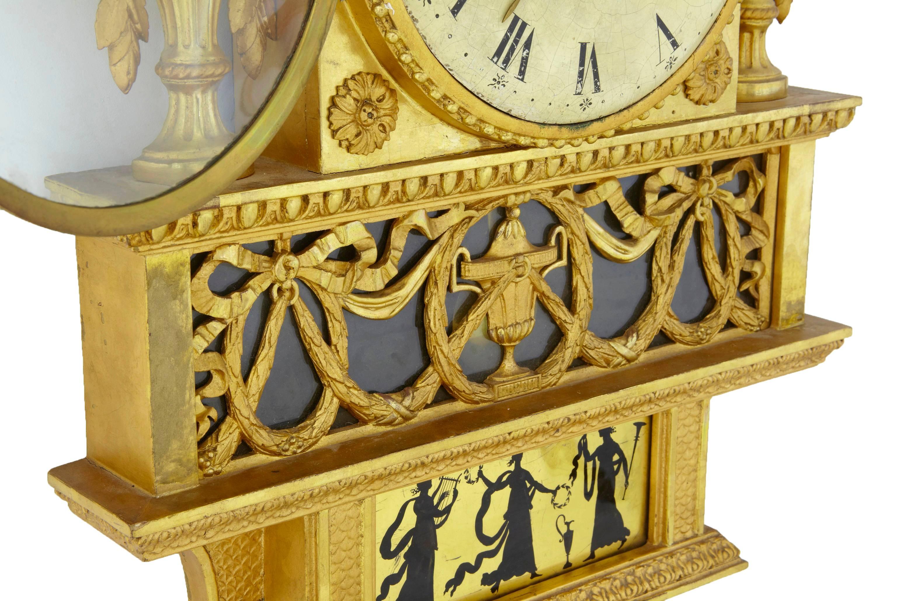 Giltwood 19th Century Swedish Gilt and Eglomise Ornate Wall Clock