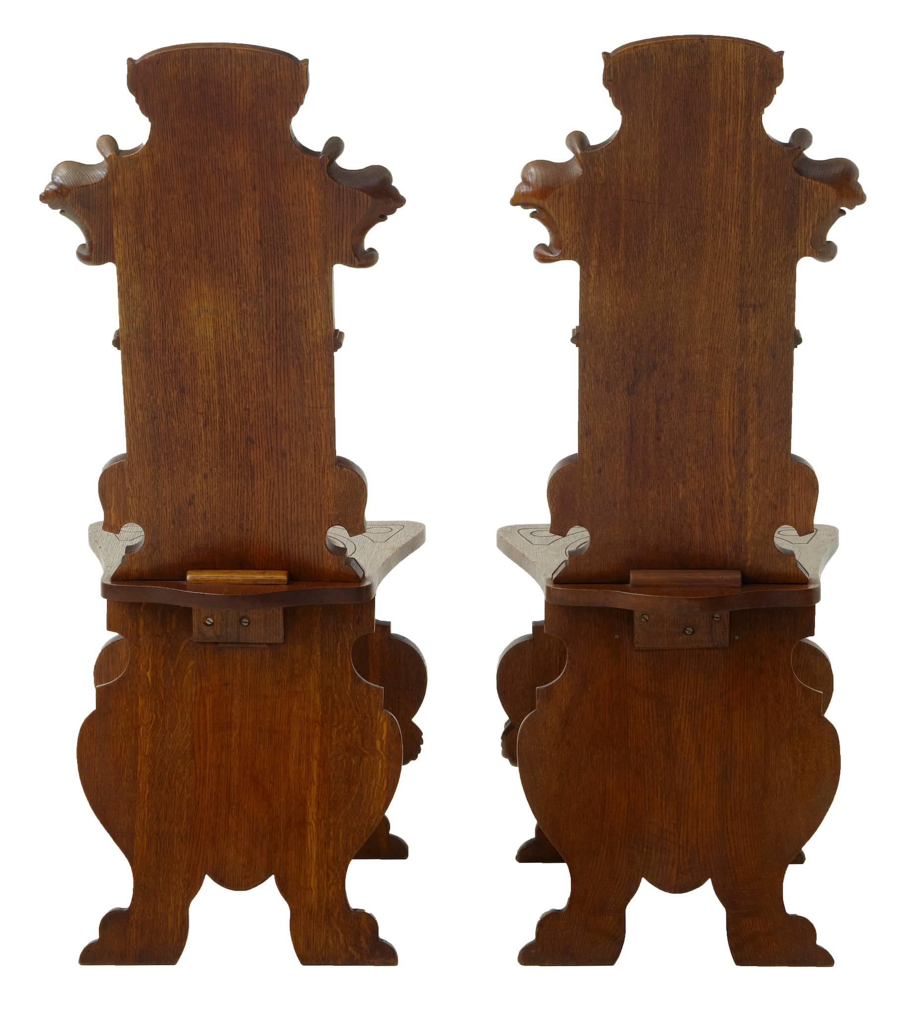 Belgian Pair of 19th Century Flemish Carved Oak Hall Chairs