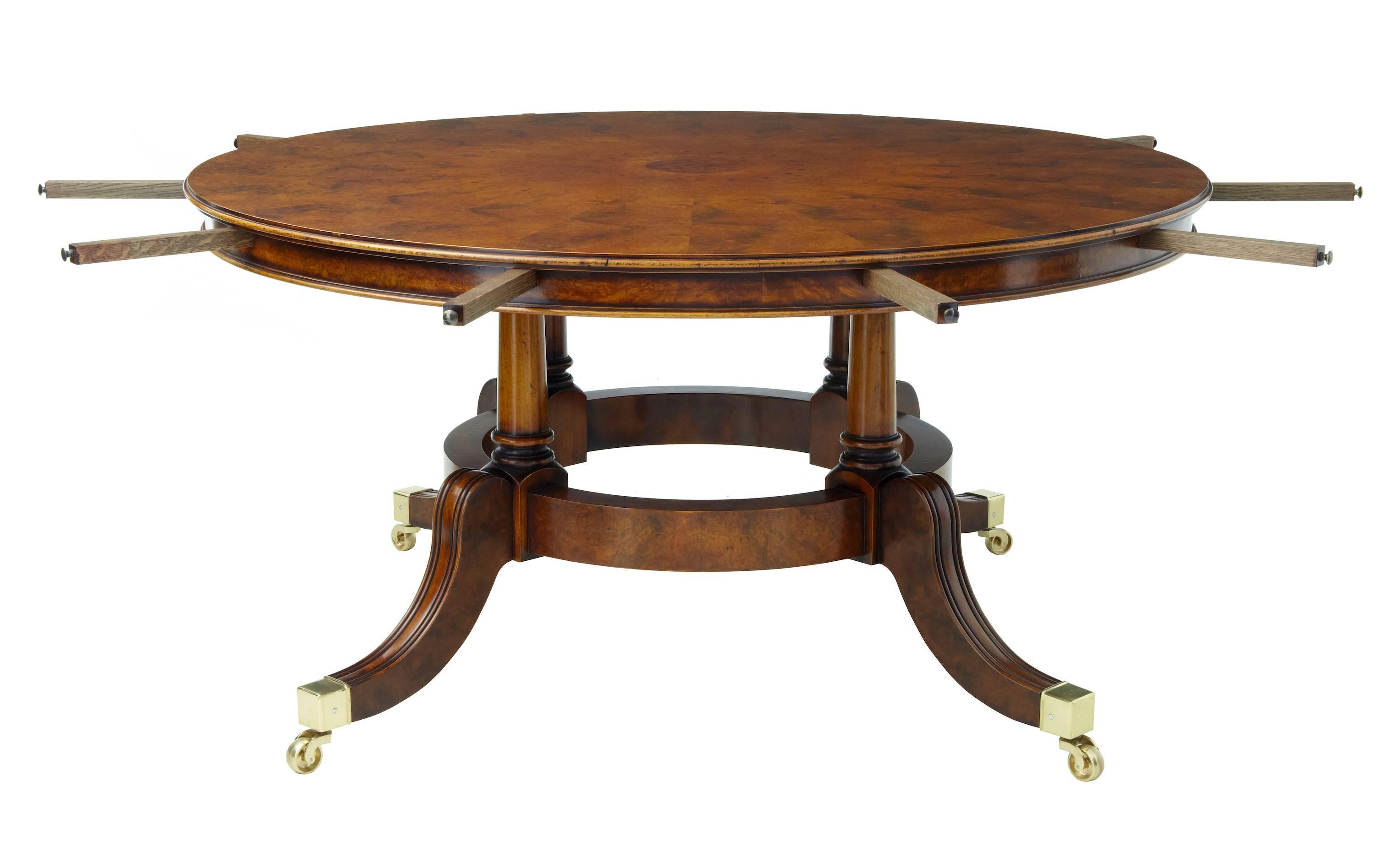 Fine quality walnut veneered Jupe table.
Can be used without leaves or for larger occasions with leaves to seat 12-14.
Segmented veneers used.
Five leaves which lock together to increase the table diameter from 60