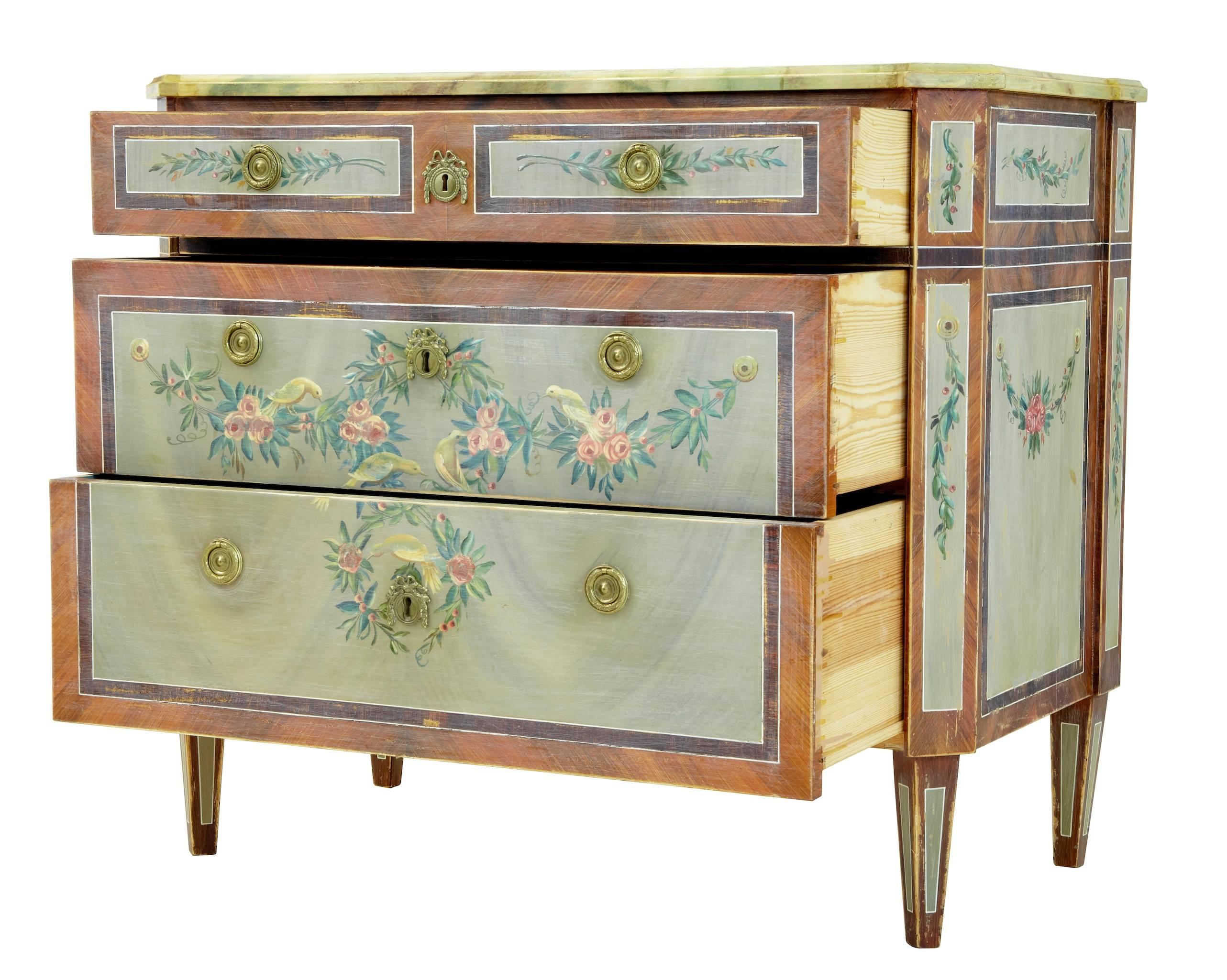 Stunning chest of drawers which is a 1960s reproduction of a period Gustavian commode, which has been painstakingly painted to match the original.
Artist's signature on the reverse malad av l ahlberg.
Faux marble top.
This chest really is a piece