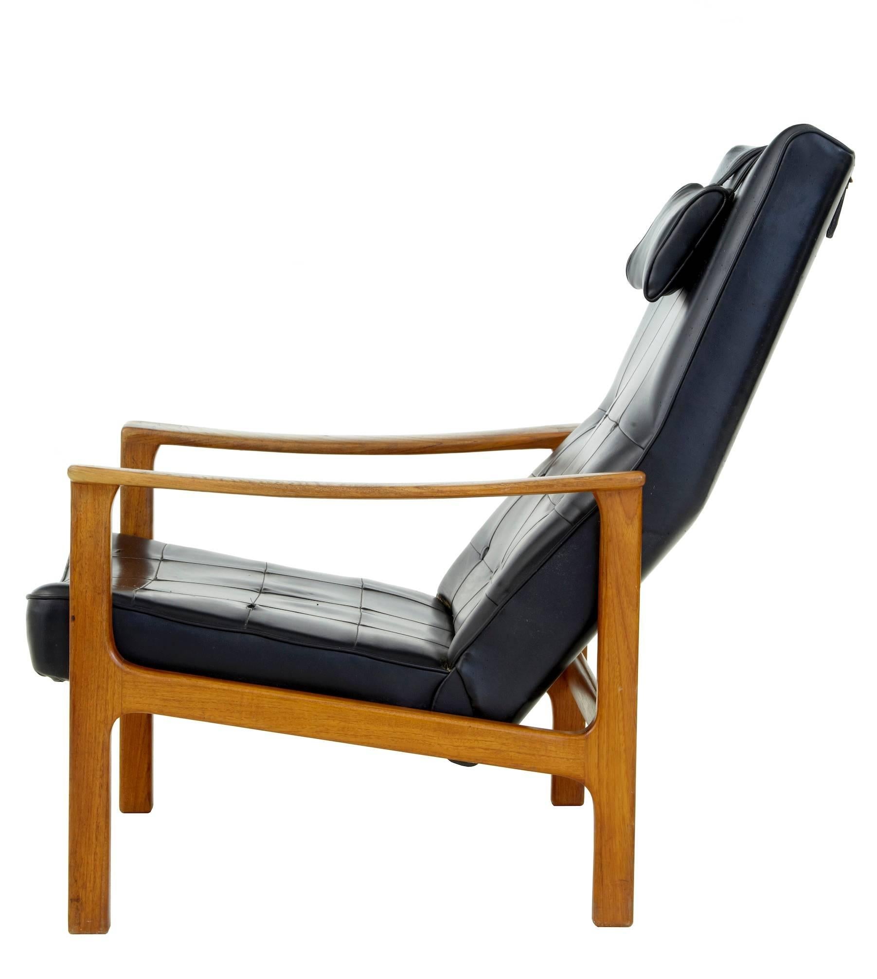 Swedish 1960s Scandinavian Modern Teak Reclining Leather Armchair