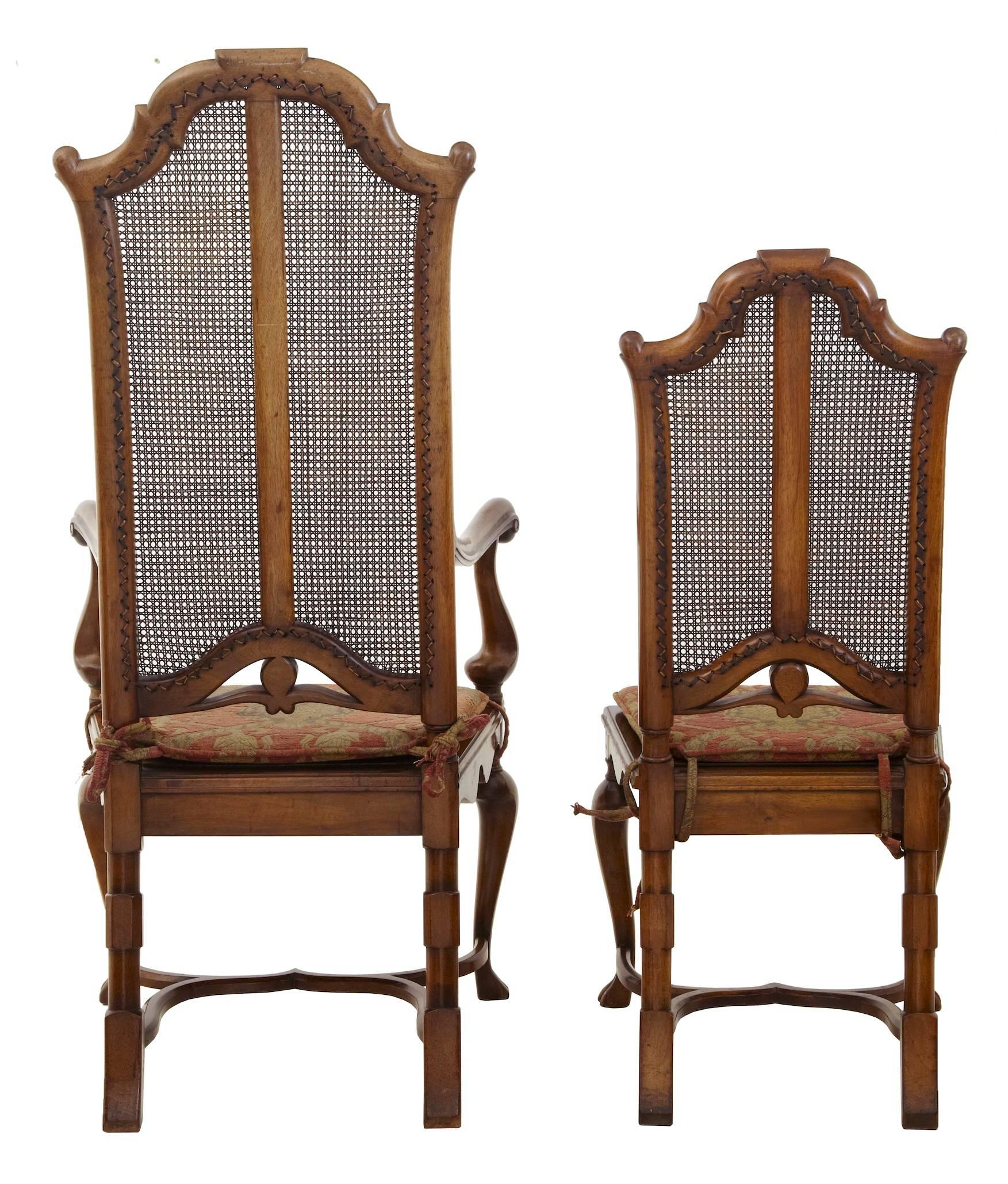 Carved Set of Eight Late 19th Century Walnut William and Mary Design Dining Chairs