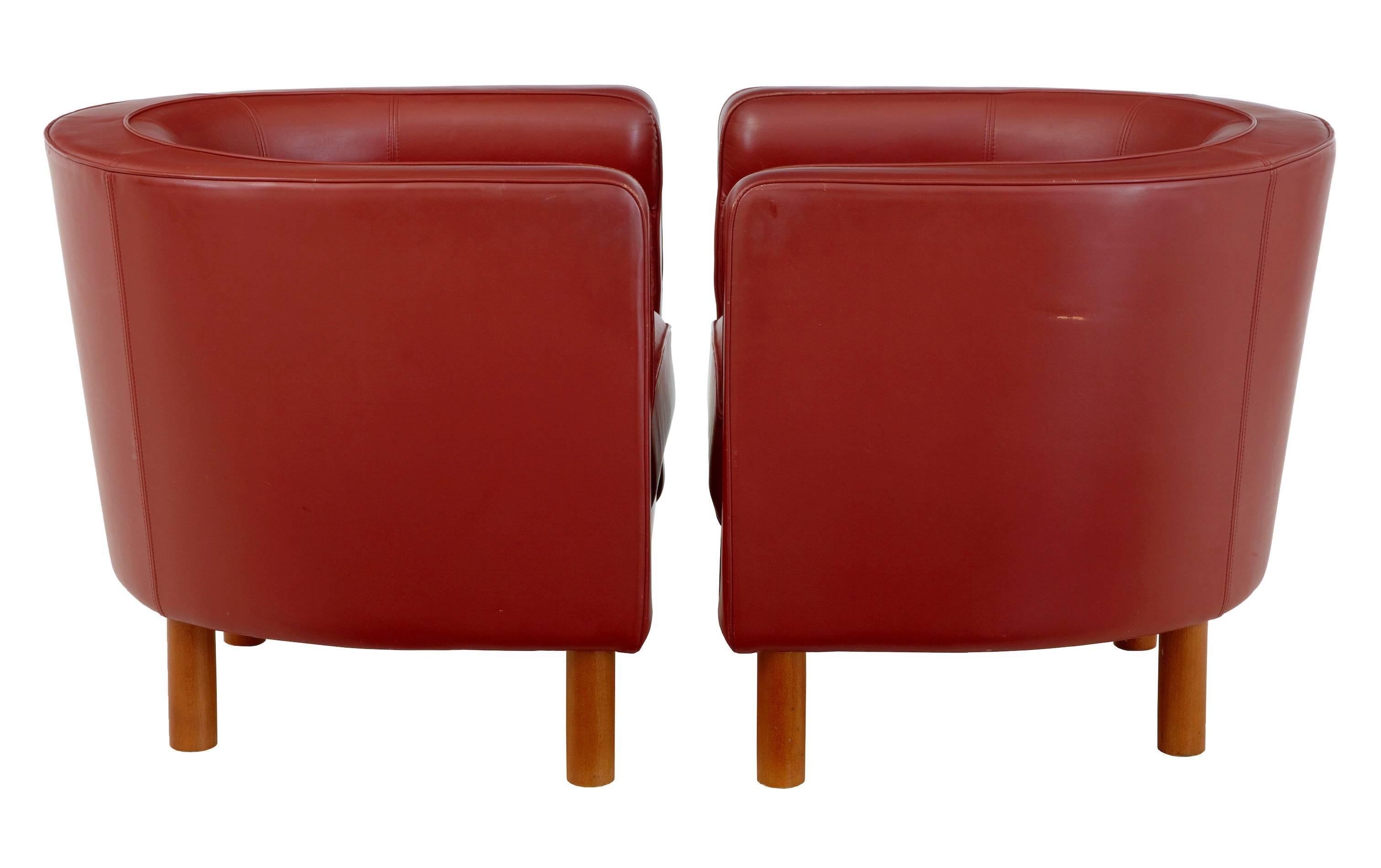 European Pair of 1970s Large Leather Club Armchairs