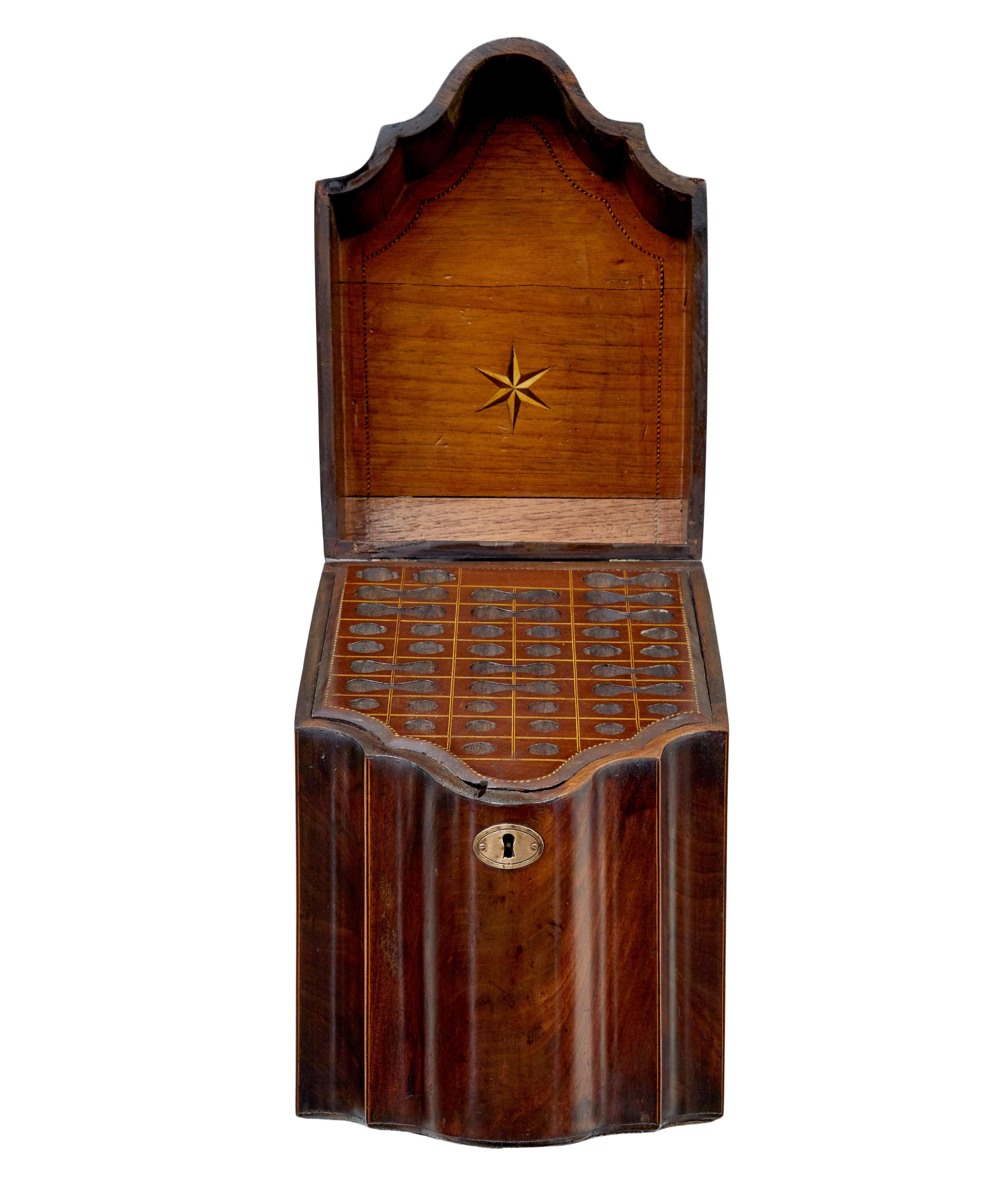 18th century inlaid mahogany Georgian serpentine knife box circa 1790

Good quality decorative box, serpentine fronted and an inlaid with a shell patera to the hinged lid.
Many other knife boxes have had the internal sections removed to be converted