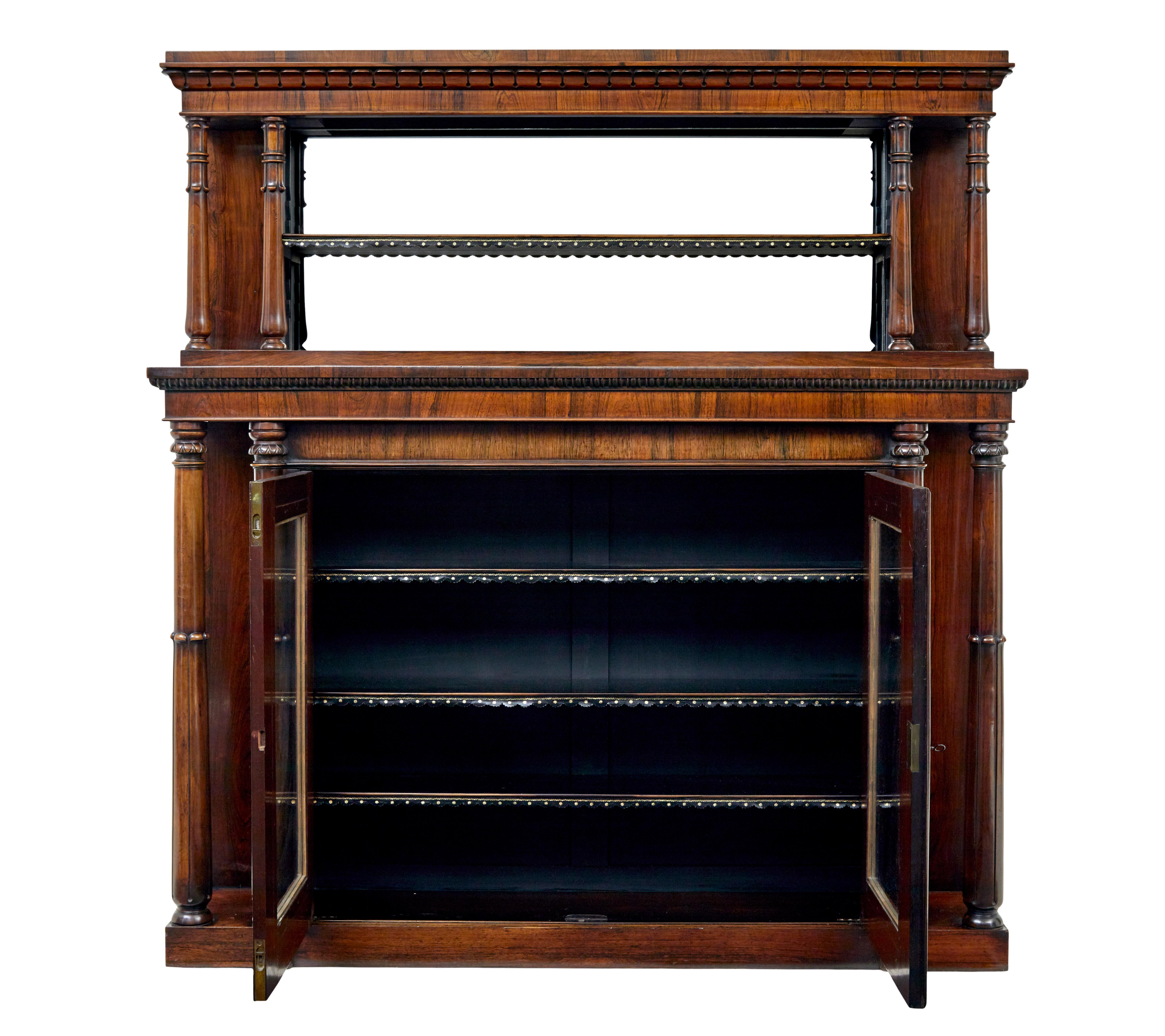 Mid 19th century palisander mirrored chiffionier circa 1840.

Fine quality 2 part palisander sideboard. Top section with cornice and 4 turned and carved columns which stand in front of the mirror and single shelf.  Lower section with moulded