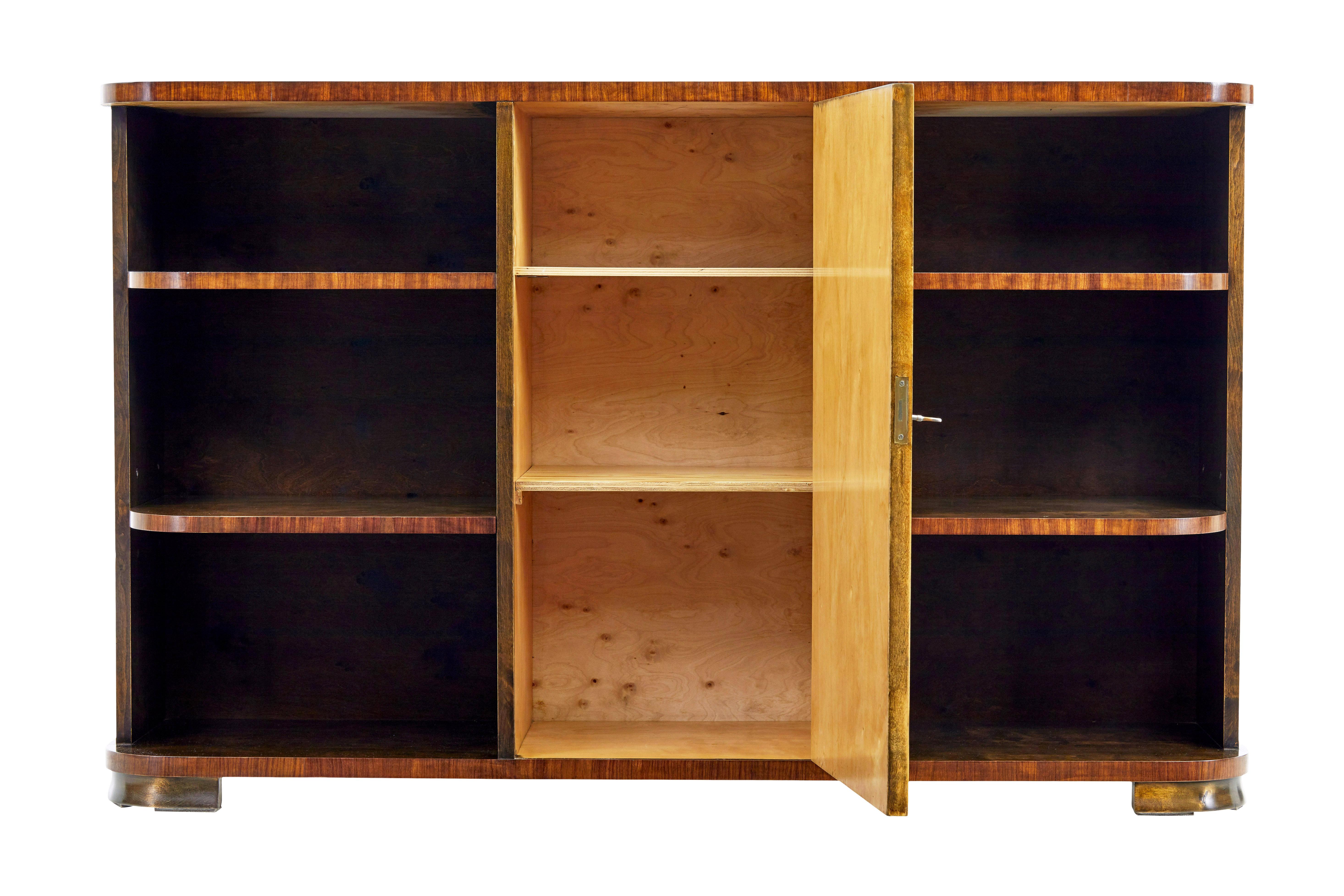 Hand-Carved Mid 20th century Scandinavian birch inlaid open bookcase For Sale