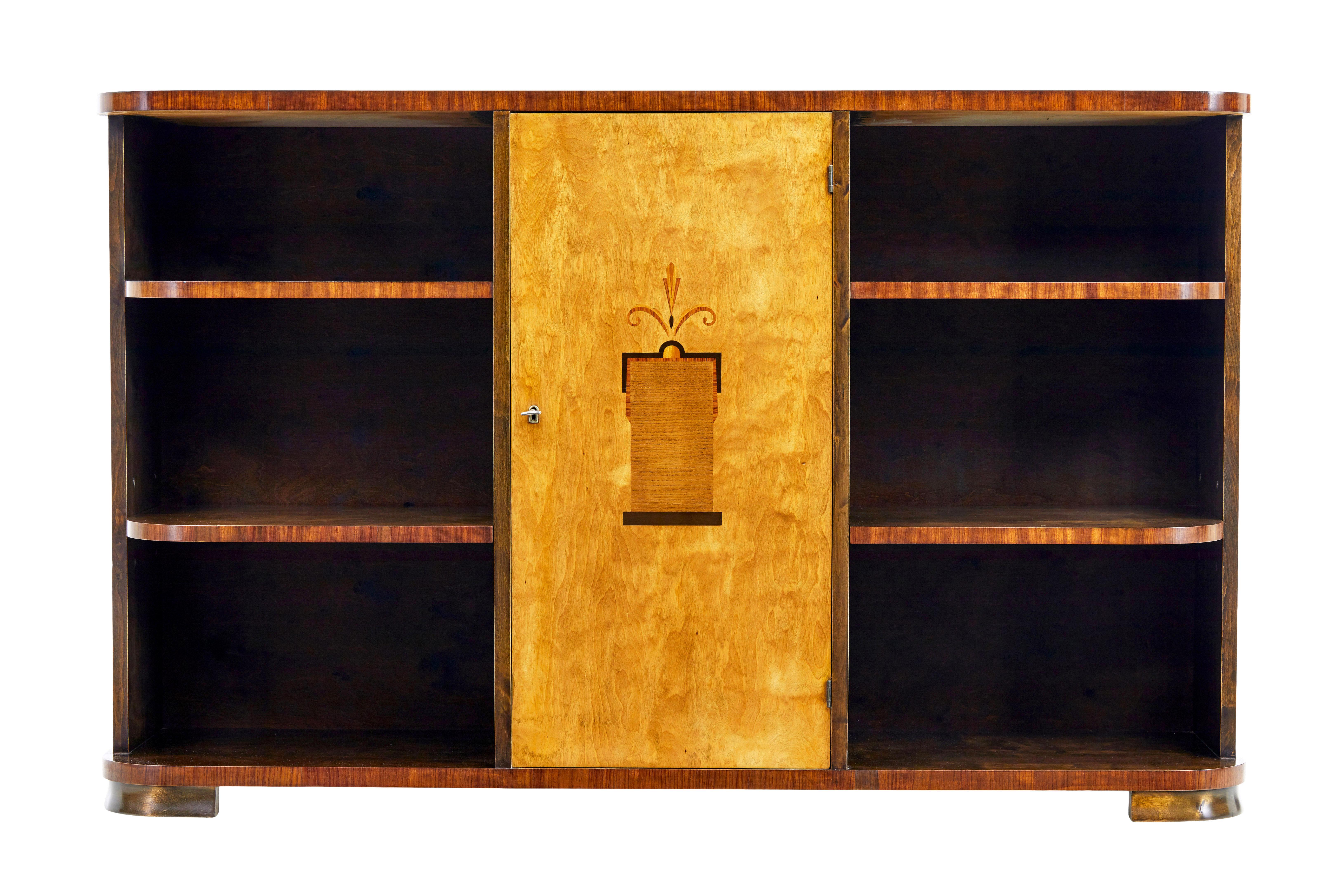 Swedish Mid 20th century Scandinavian birch inlaid open bookcase For Sale