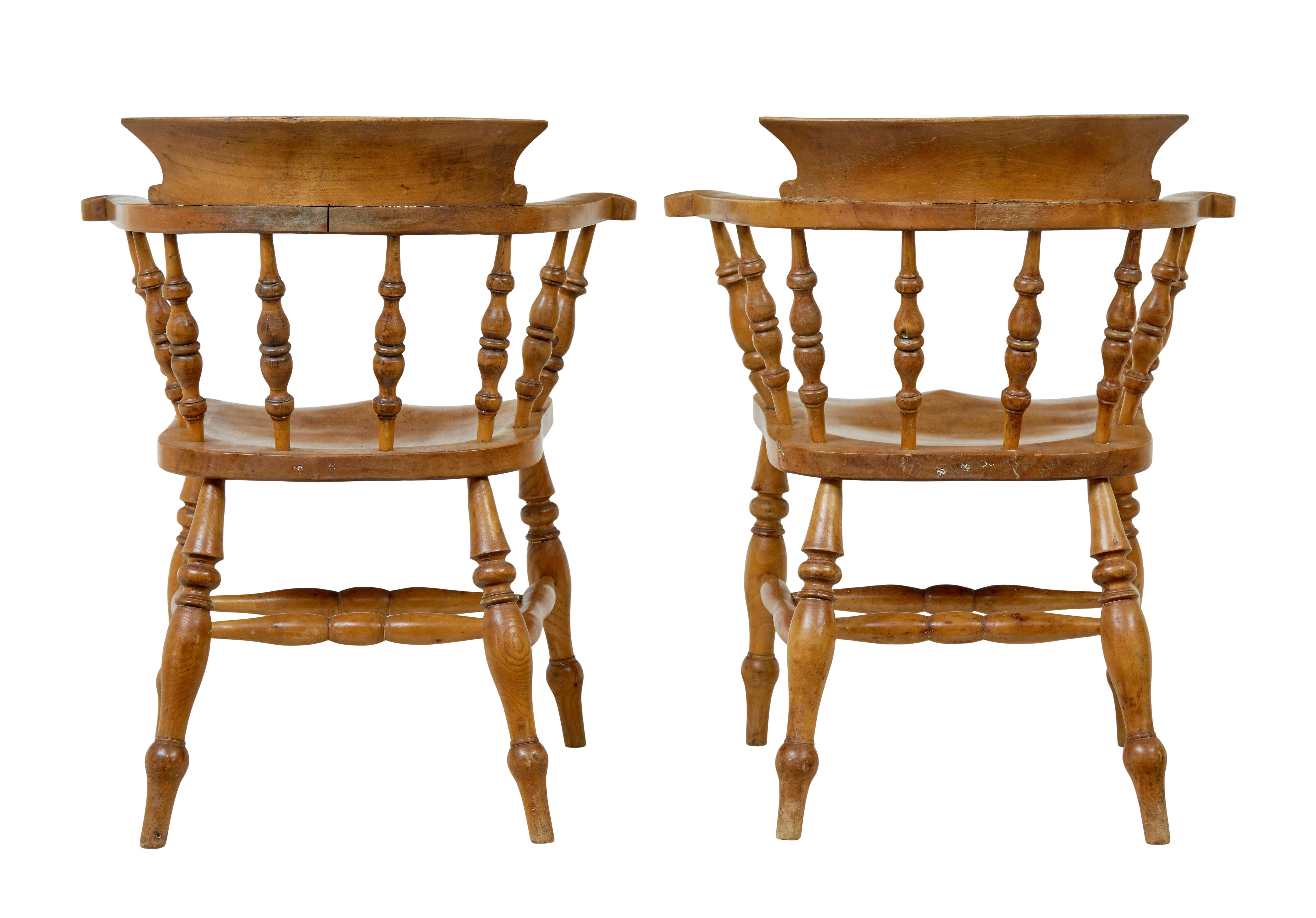 Hand-Carved Pair of 19th Century English elm elbow chairs For Sale