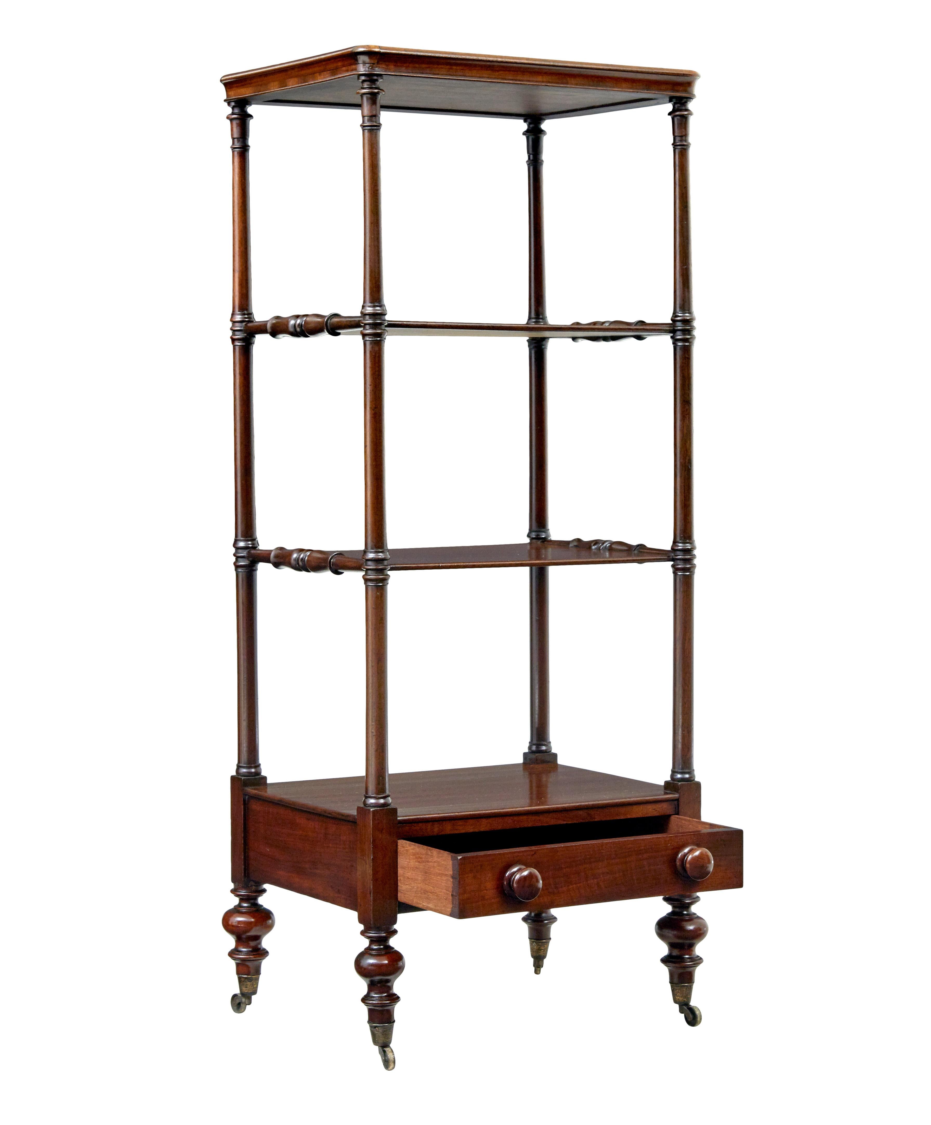Early Victorian 19th century what not circa 1850.

Good quality and a practical antique for everyday use in multiple rooms around the home.

Top tier with moulded tray, followed by 2 shelves and a further level which forms the base for the single